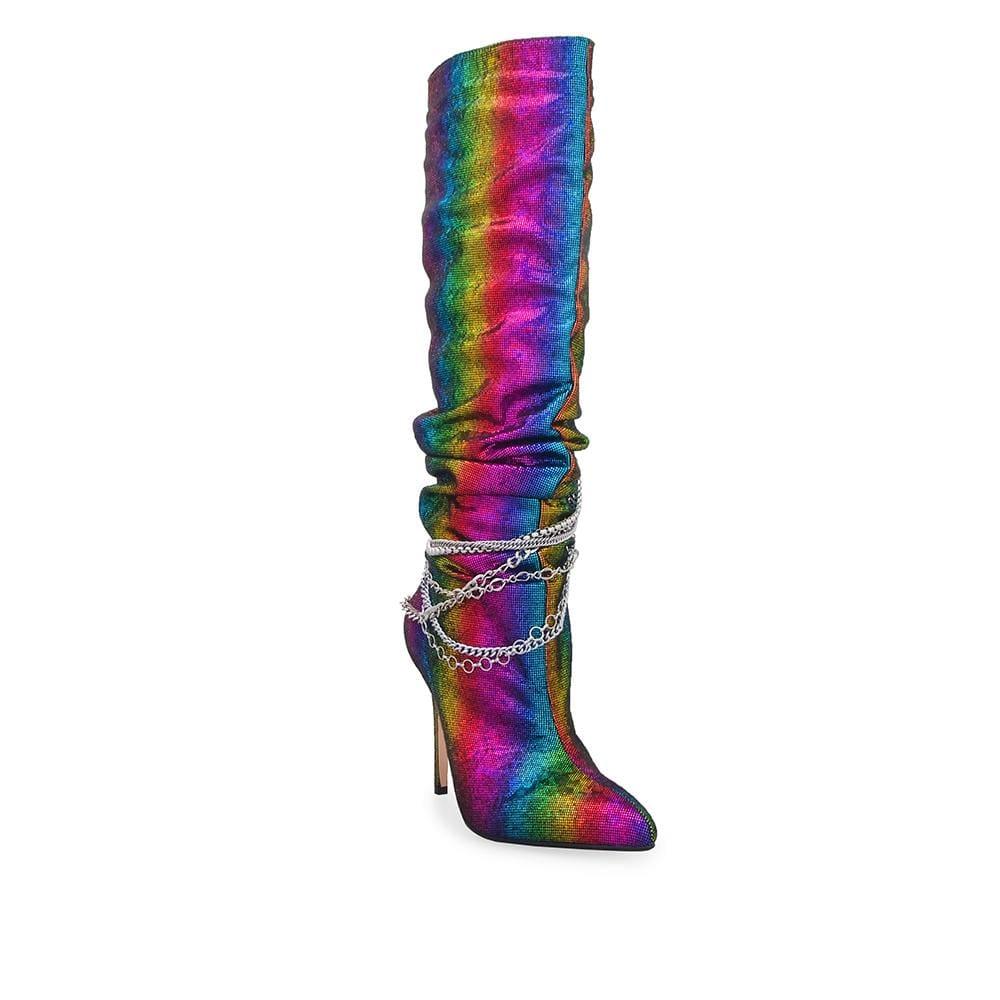 Multi-coloured knee high women's boots with metallic silver chains-corner view