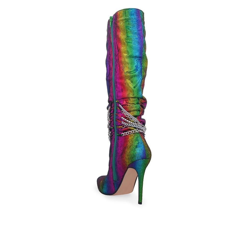 Multi-coloured knee high women's boots with metallic silver chains-posterior view