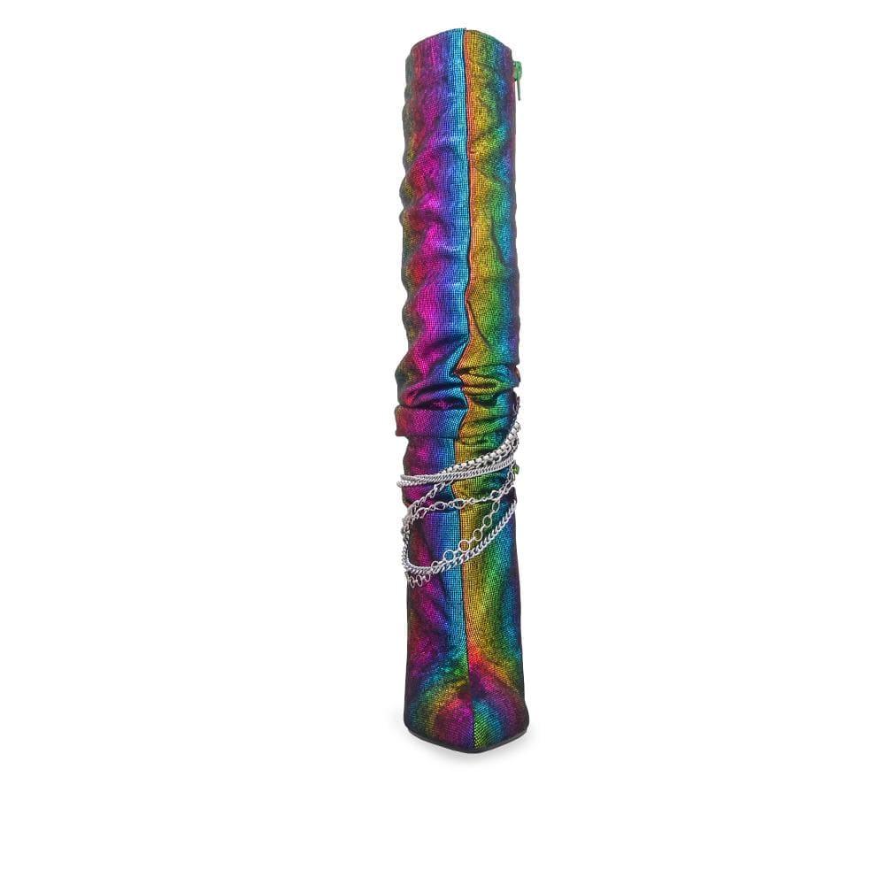 Multi-coloured knee high women's boots with metallic silver chains-front view