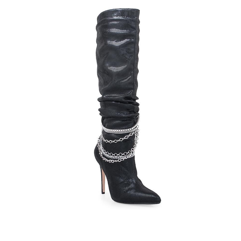 Black knee high women's boots with metallic silver chains-corner view