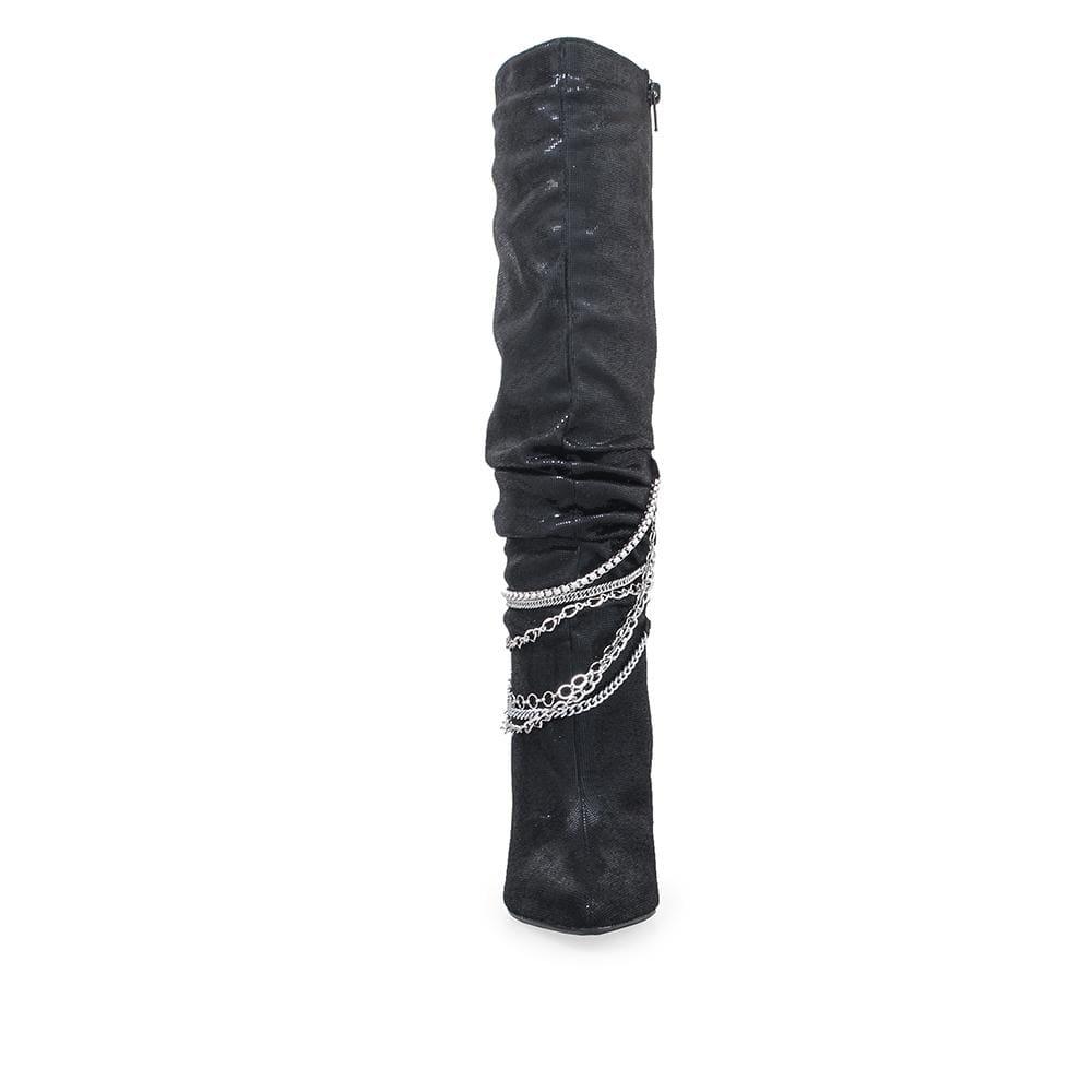 Black knee high women's boots with metallic silver chains-front view