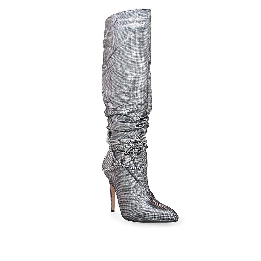 Silver knee high women's boots with metallic silver chains-corner view