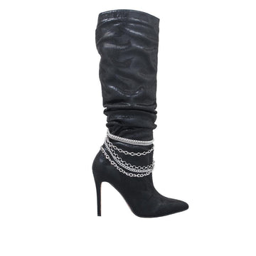 Black knee high women's boots with metallic silver chains-side view