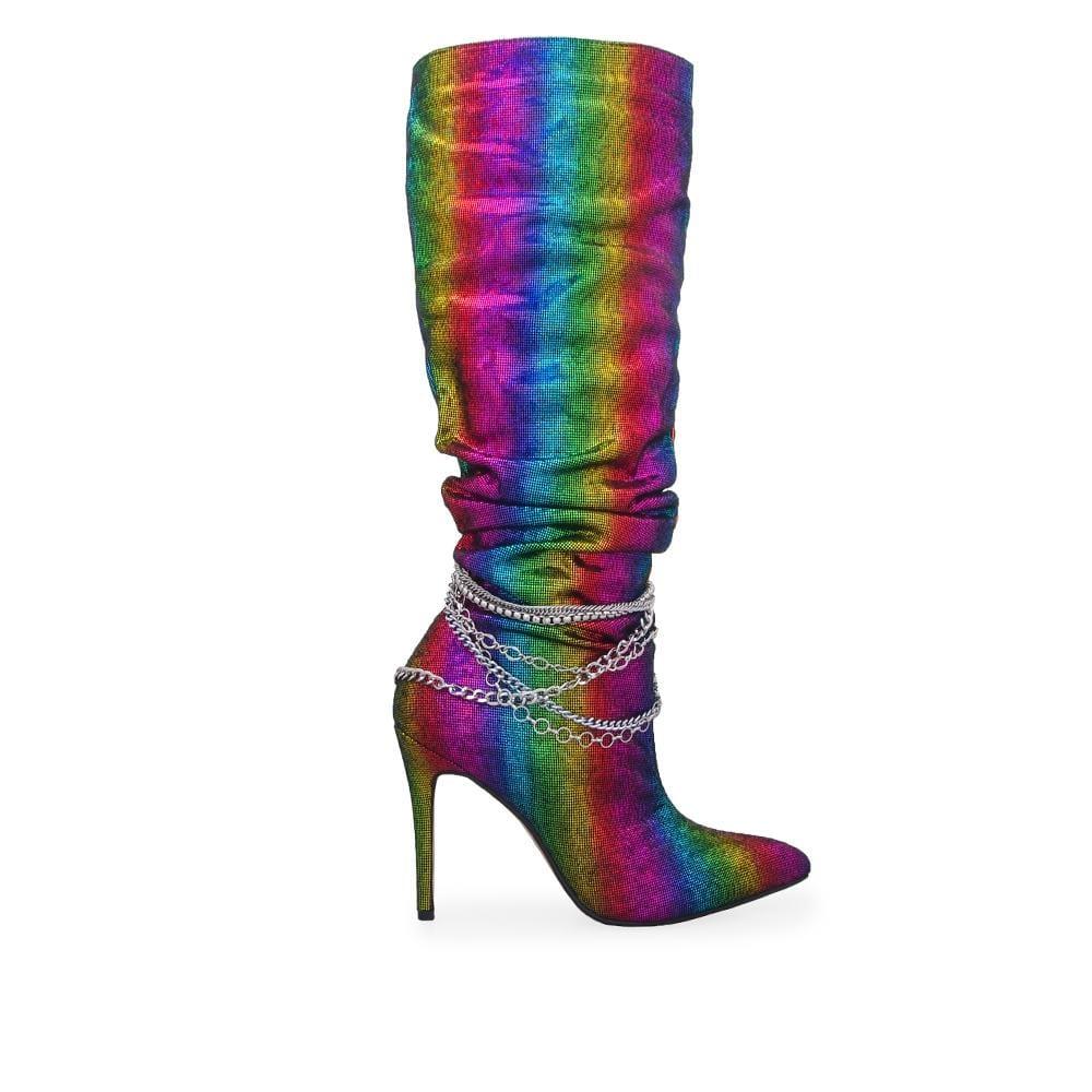 Multi-coloured knee high women's boots with metallic silver chains-side view