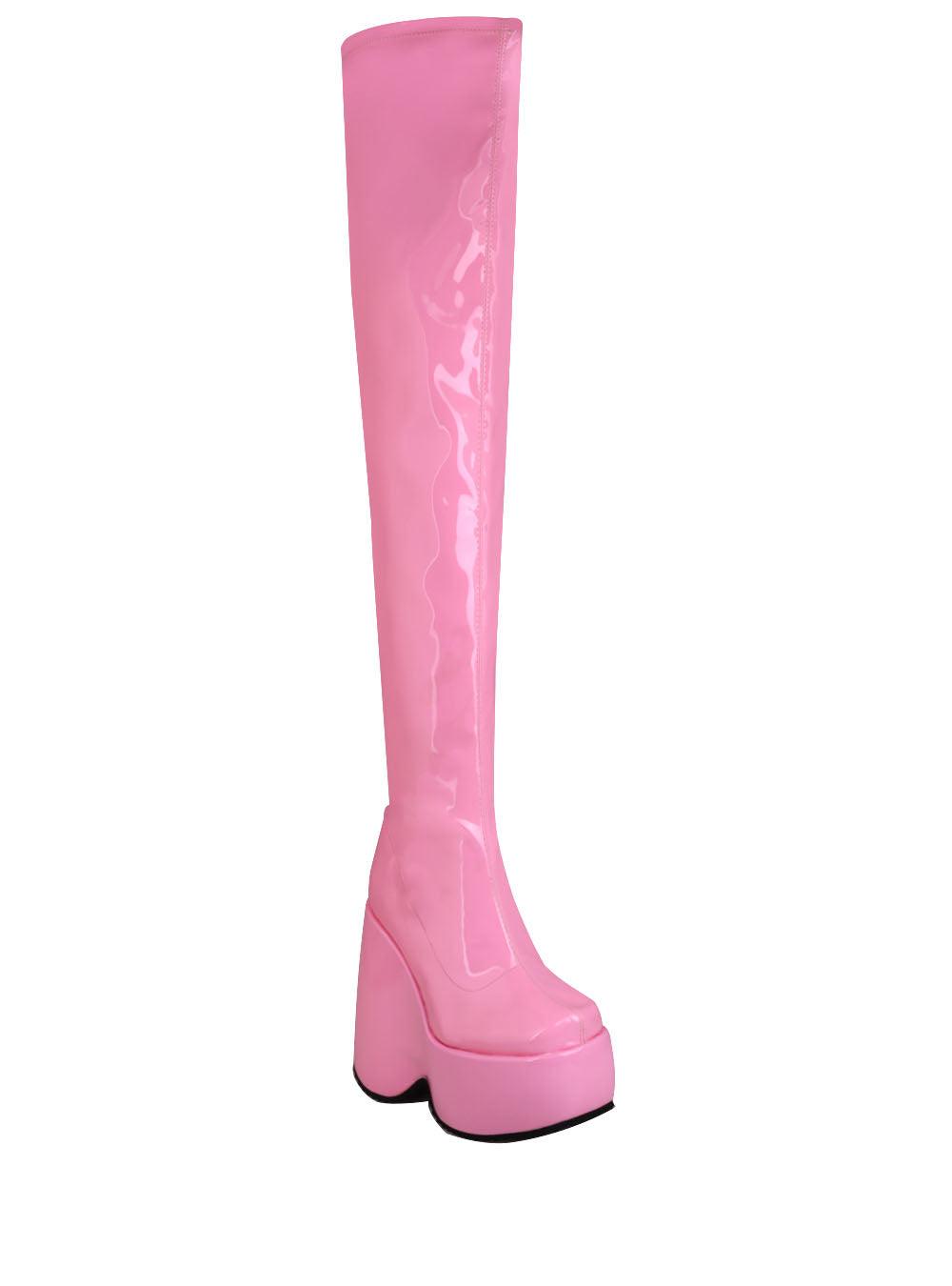 Knee high leather women's wedge boot in pink-corner view