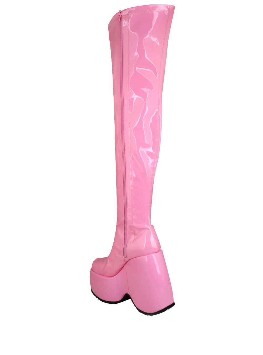 Knee high leather women's wedge boot in pink-posterior view