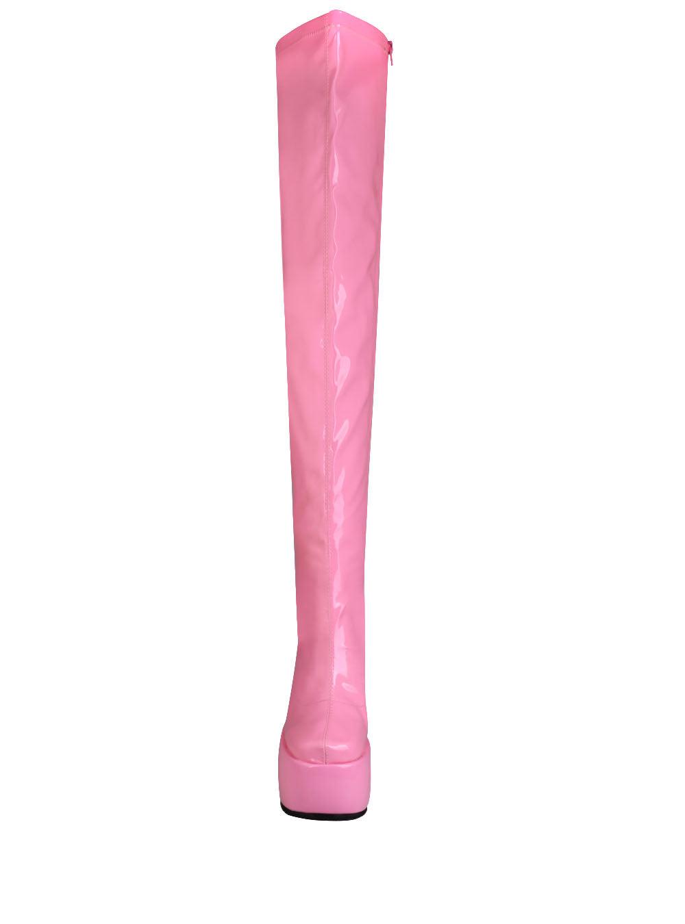 Knee high leather women's wedge boot in pink-front view