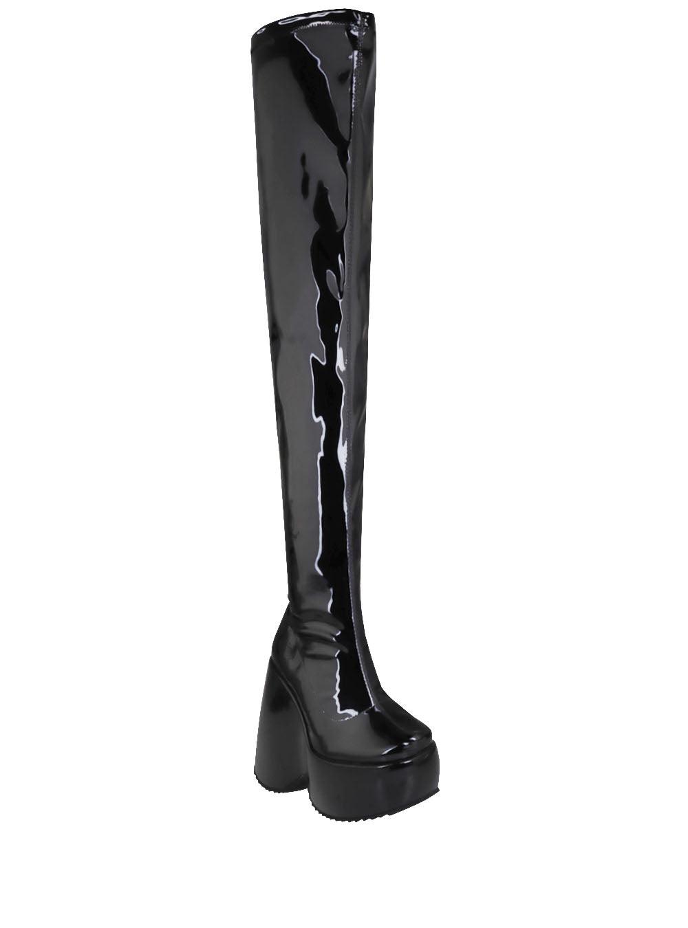 Knee high leather women's wedge boot in black-corner view