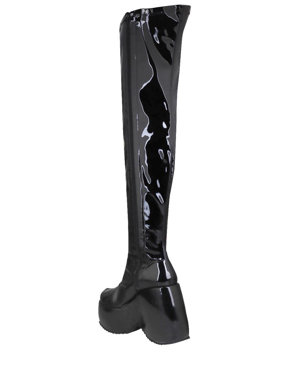 Knee high leather women's wedge boot in black-posterior view