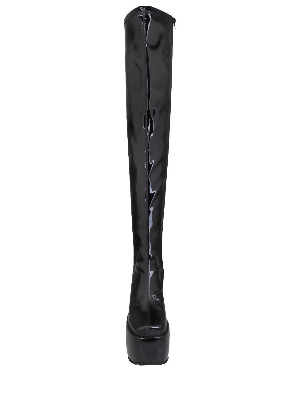 Knee high leather women's wedge boot in black-front view