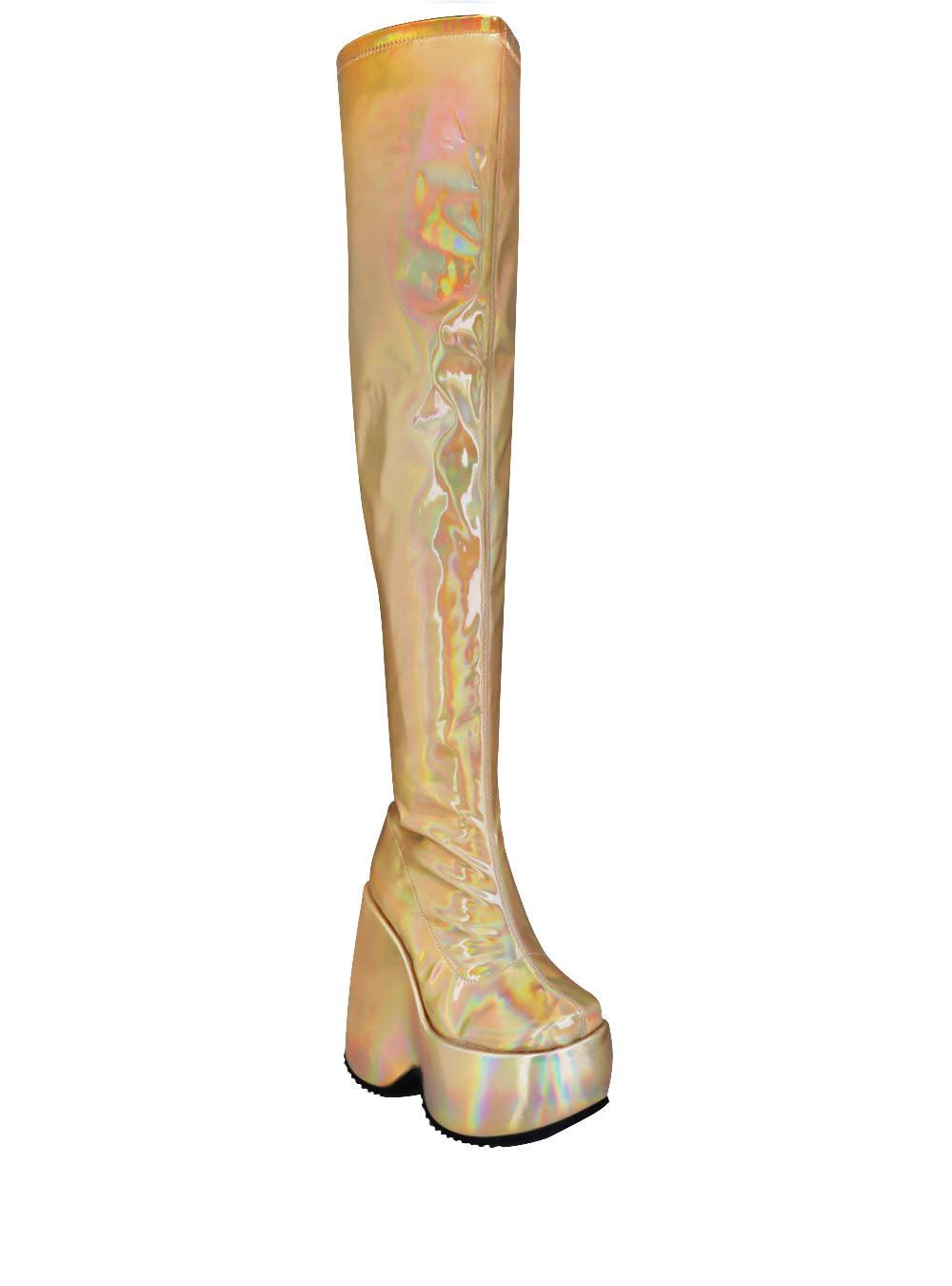 Knee high leather women's wedge boot in gold-corner view