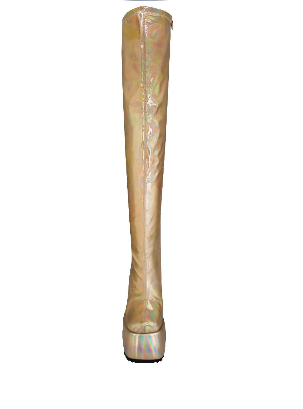 Knee high leather women's wedge boot in gold-front view