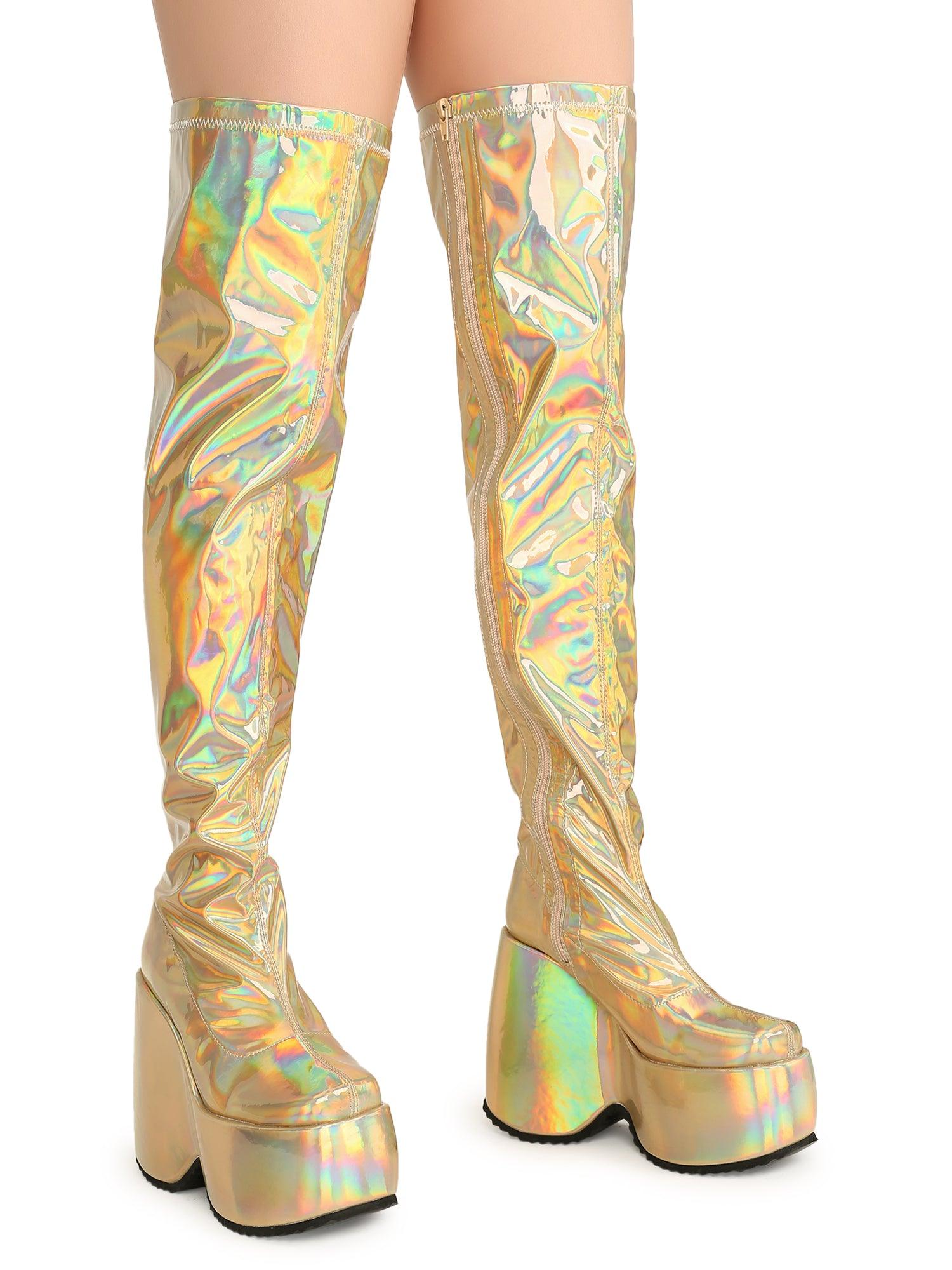 Knee high leather women's wedge boot in gold