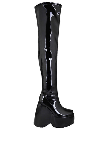 Knee high leather women's wedge boot in black-side view