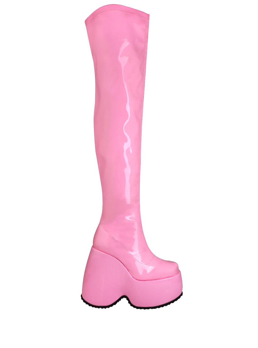 Knee high leather women's wedge boot in pink-side view