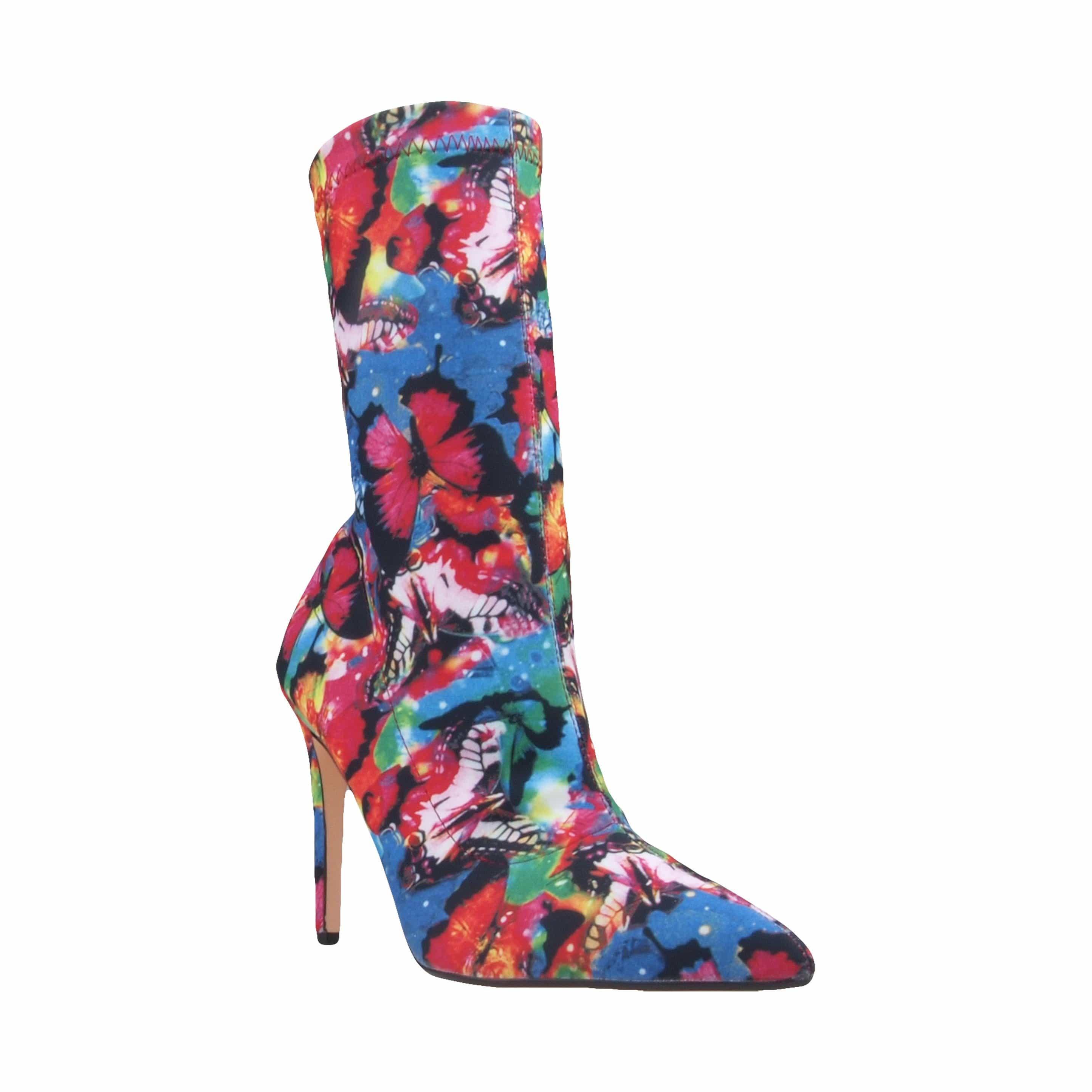 Red blue printed strechy upper women's boot heel -posterior view