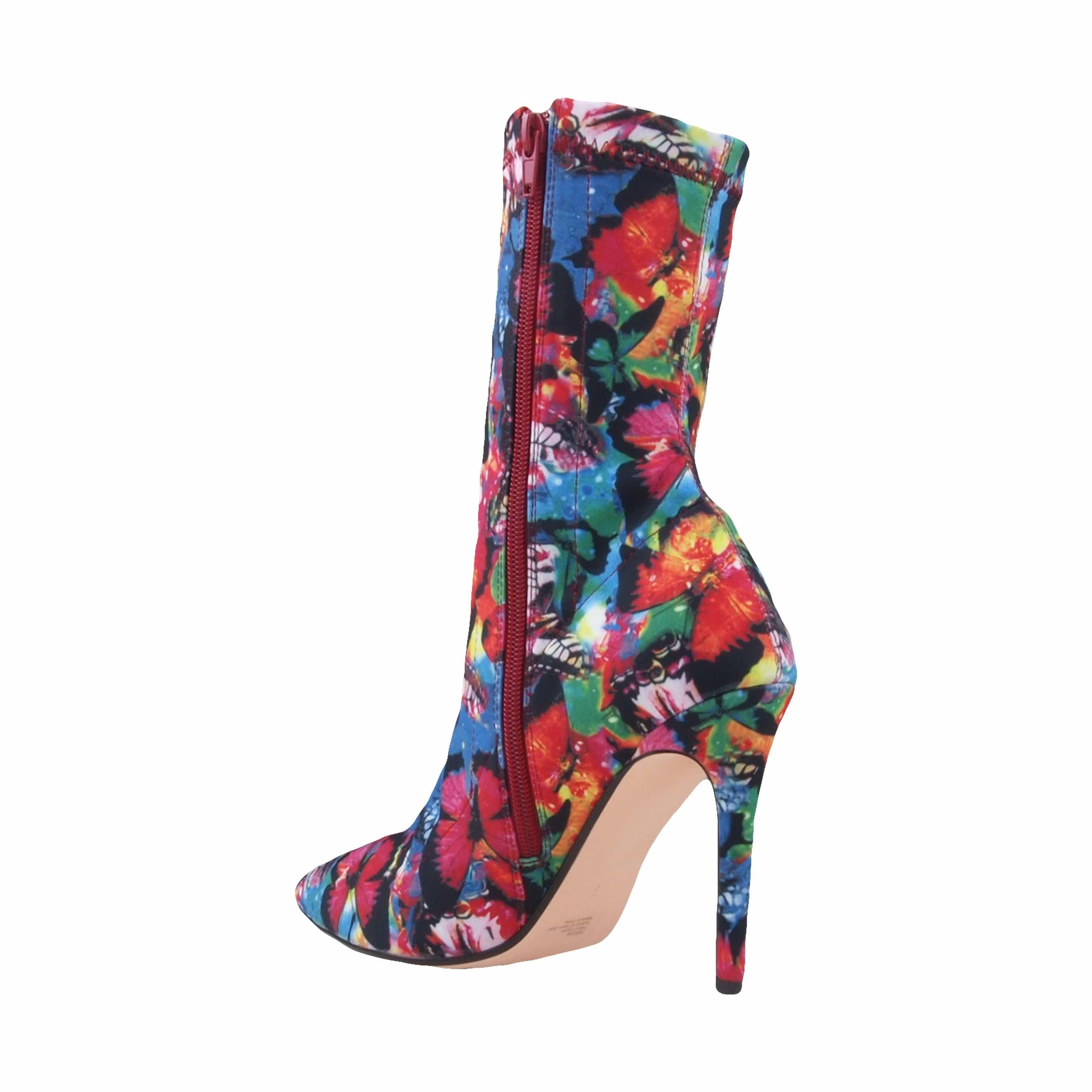 Red blue printed strechy upper women's boot heel -posterior view