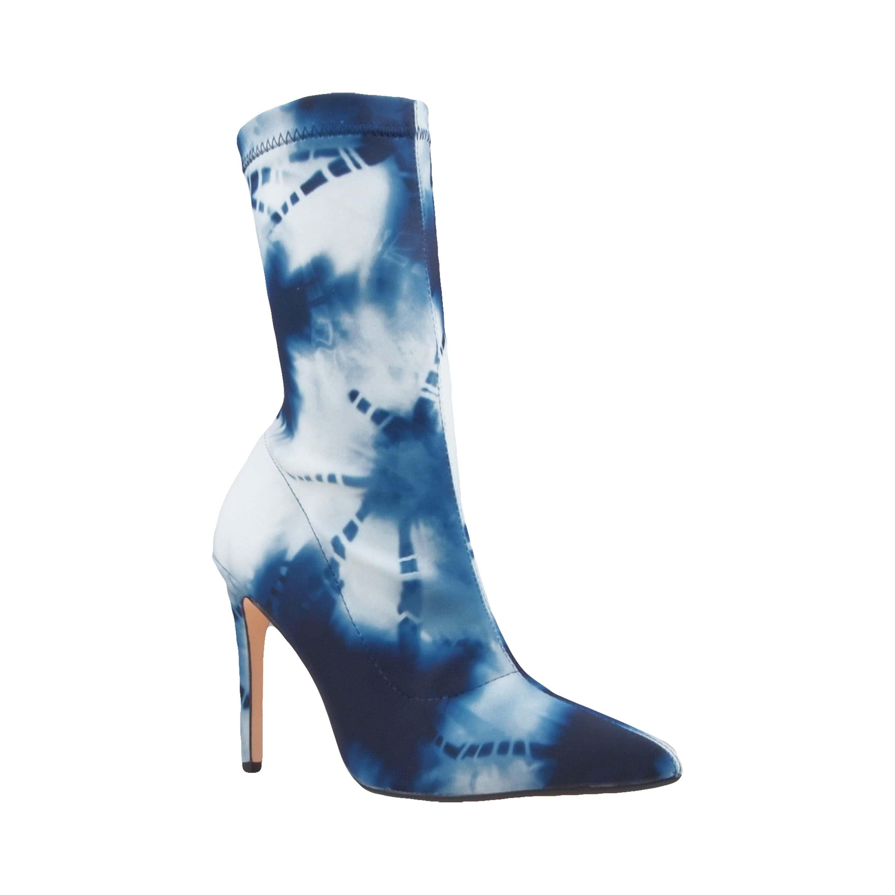 Printed strechy upper women's boot heel in navy blue-corner view