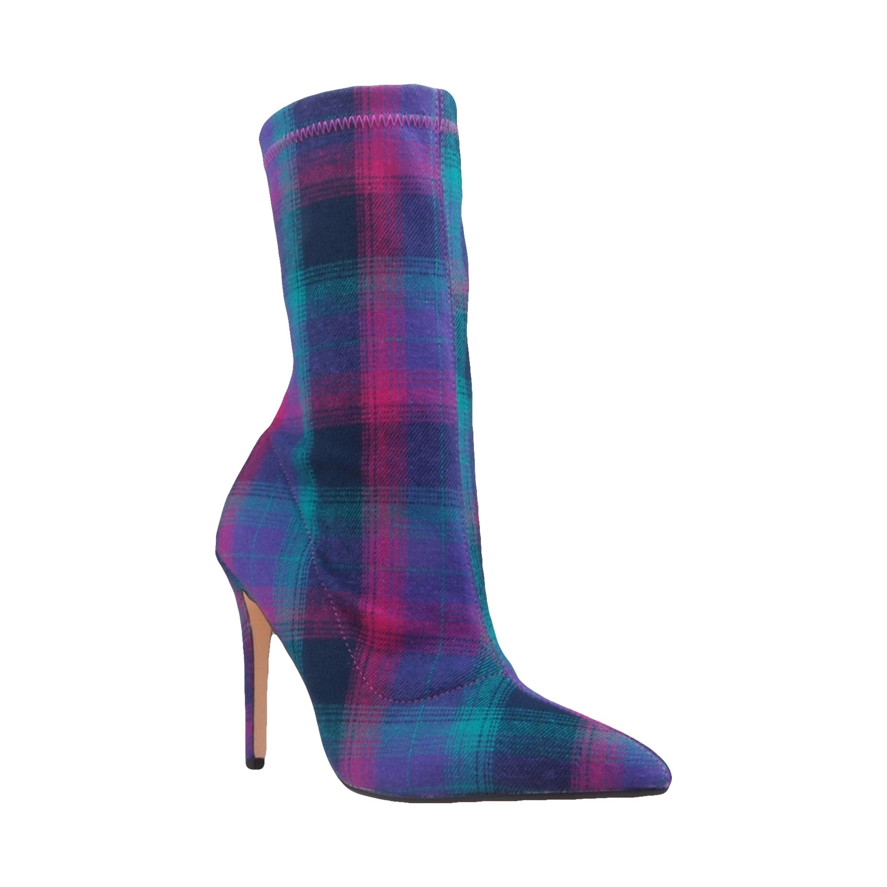 Purple green printed strechy upper women's boot heel-corner view