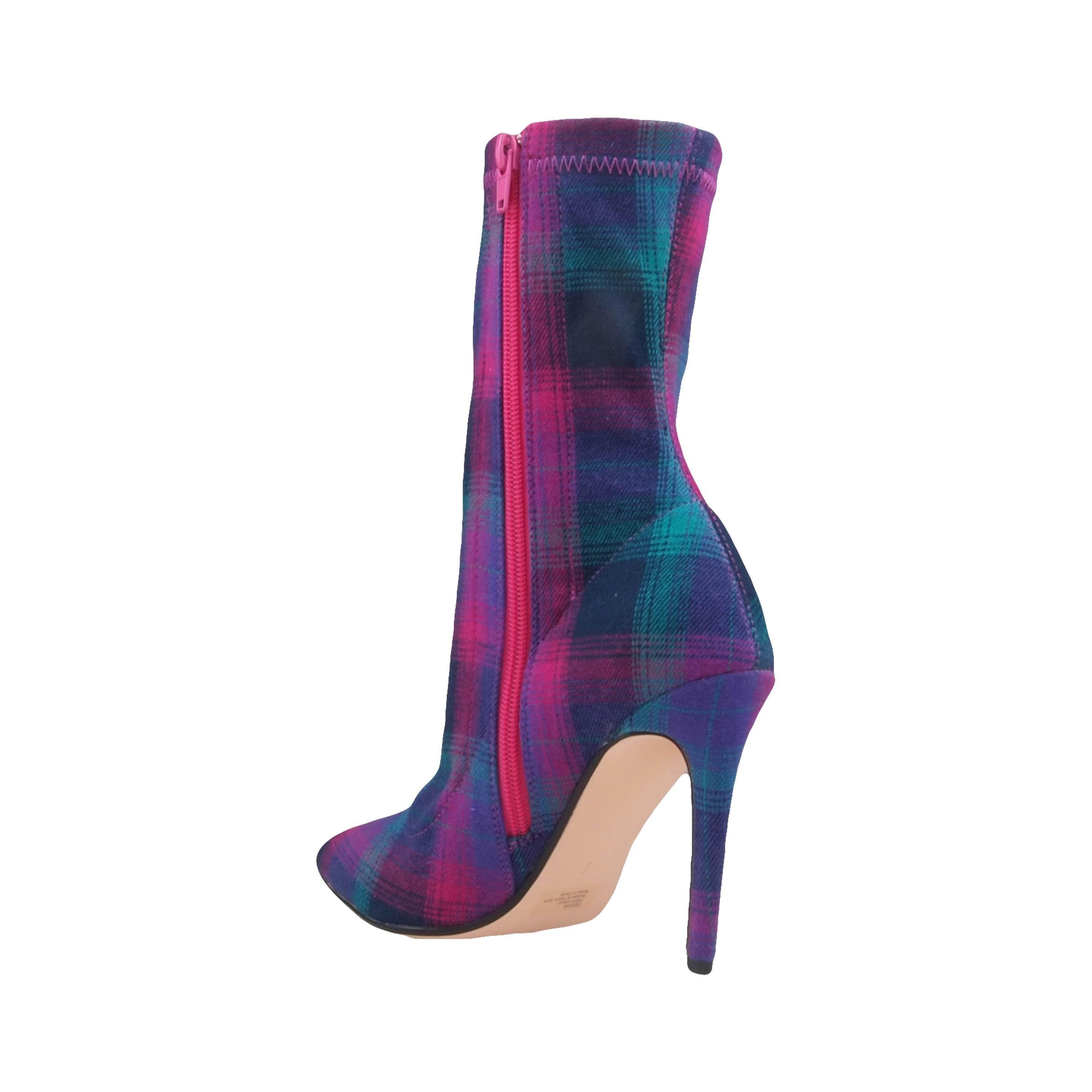 Purple green printed strechy upper women's boot heel-posterior view