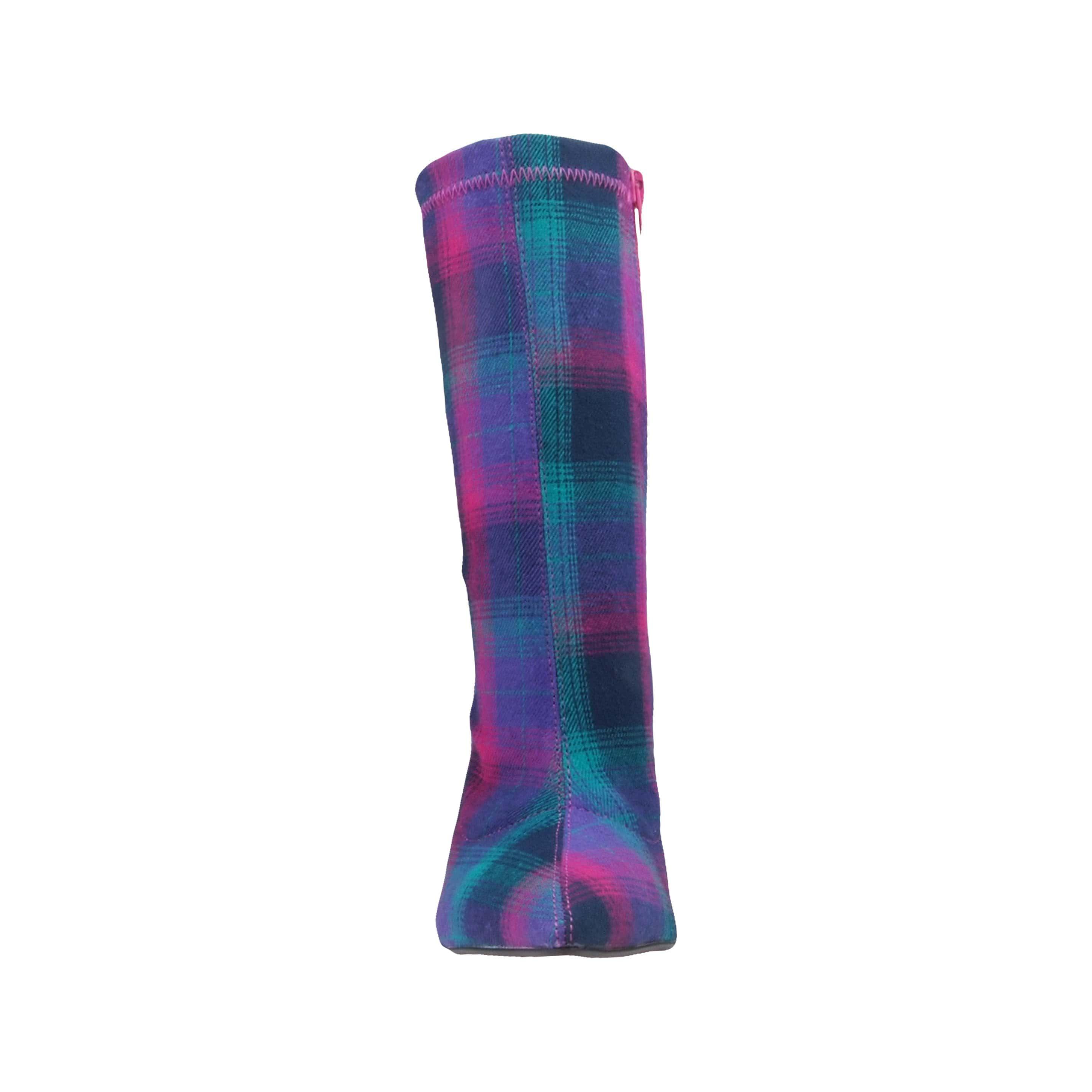 Purple green printed strechy upper women's boot heel-front view