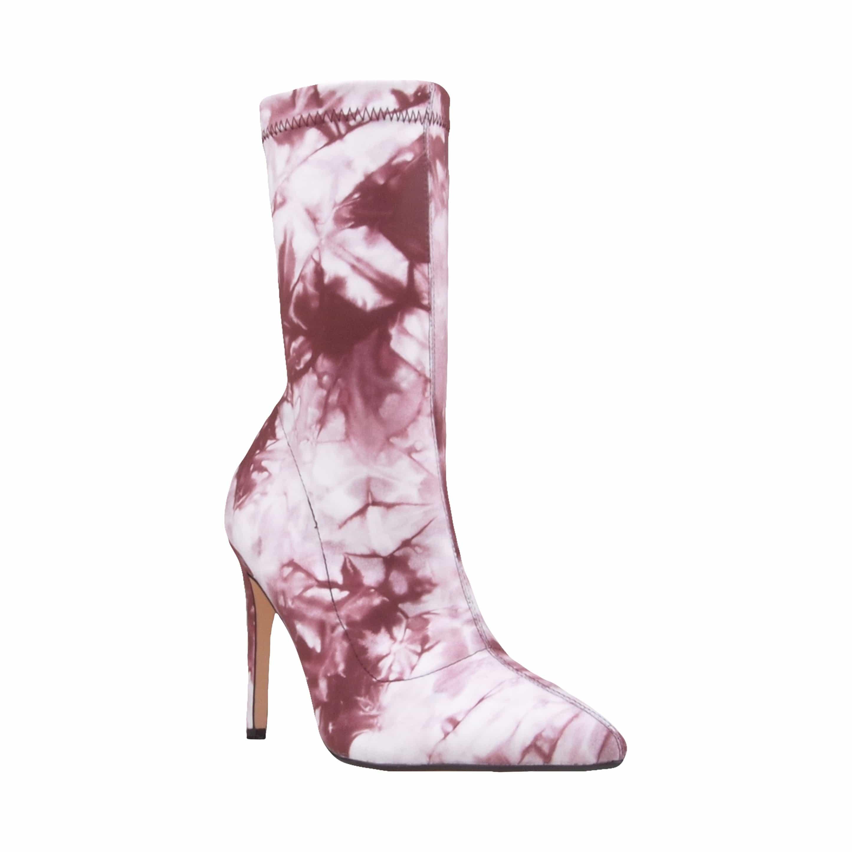 Burgundy printed strechy upper women's boot heel-corner view