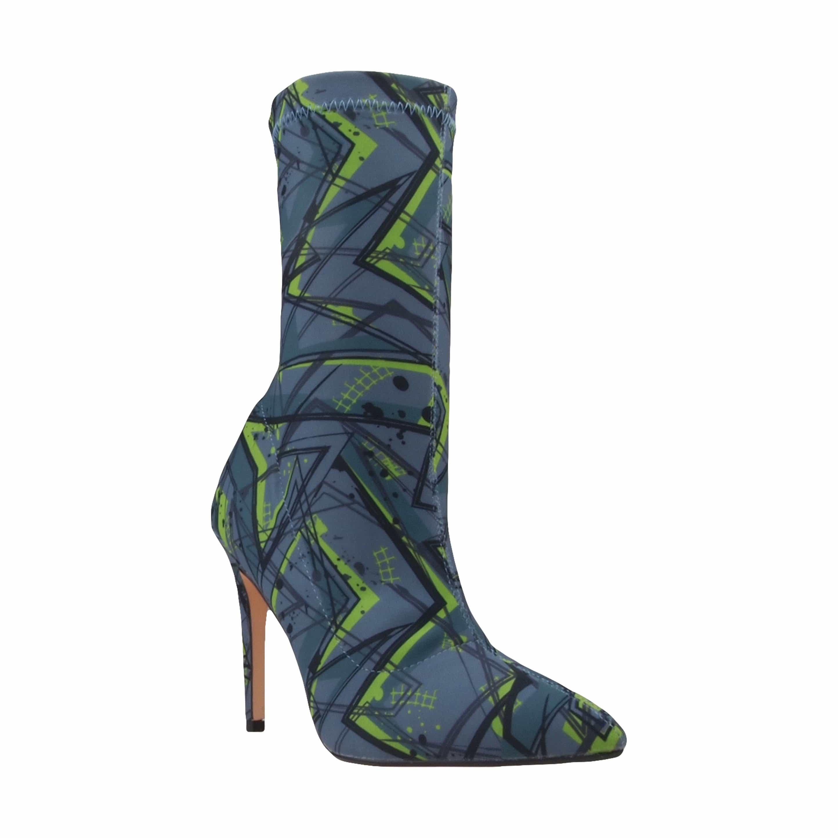 Grey green printed strechy upper women's boot heel -corner view