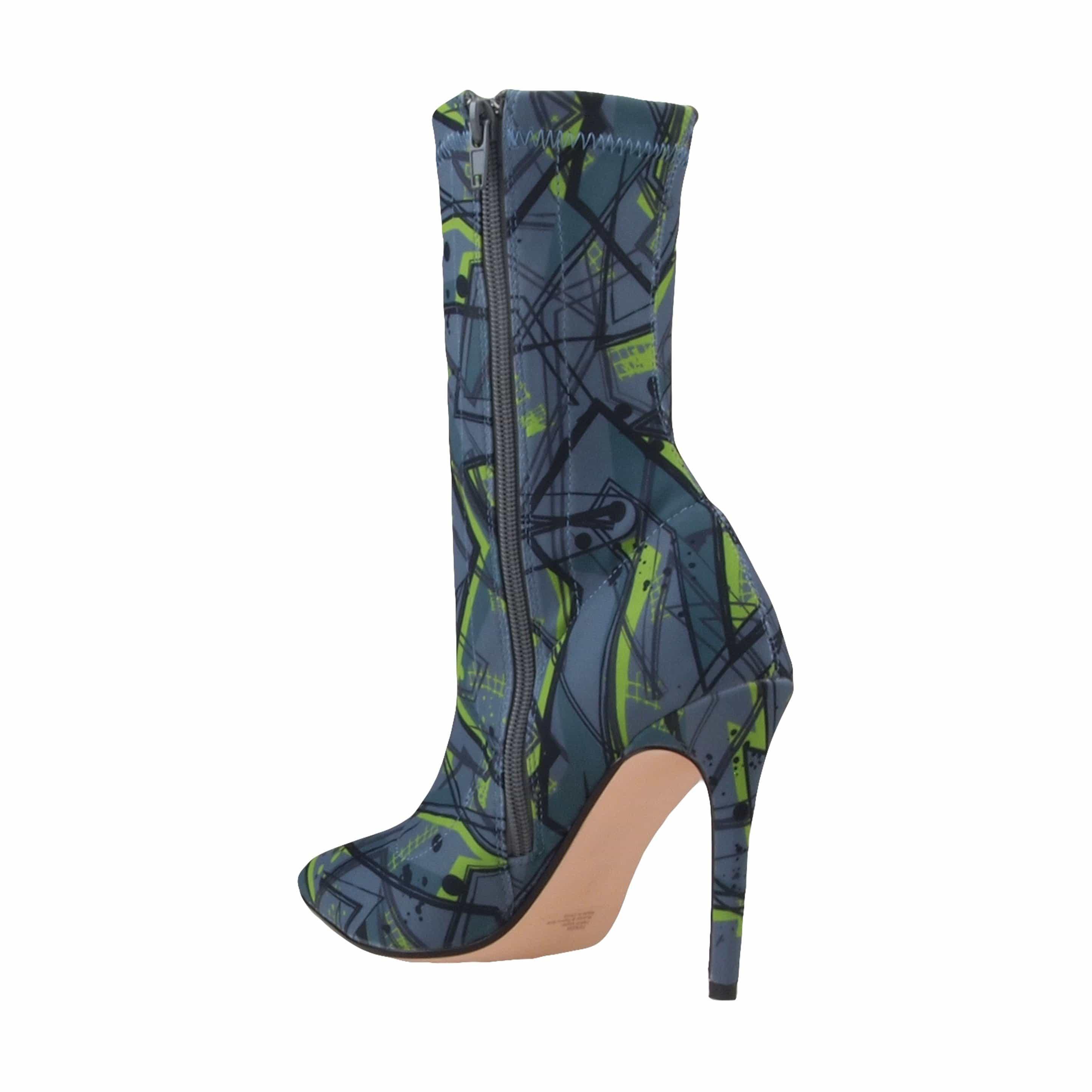 Grey green printed strechy upper women's boot heel -posterior view