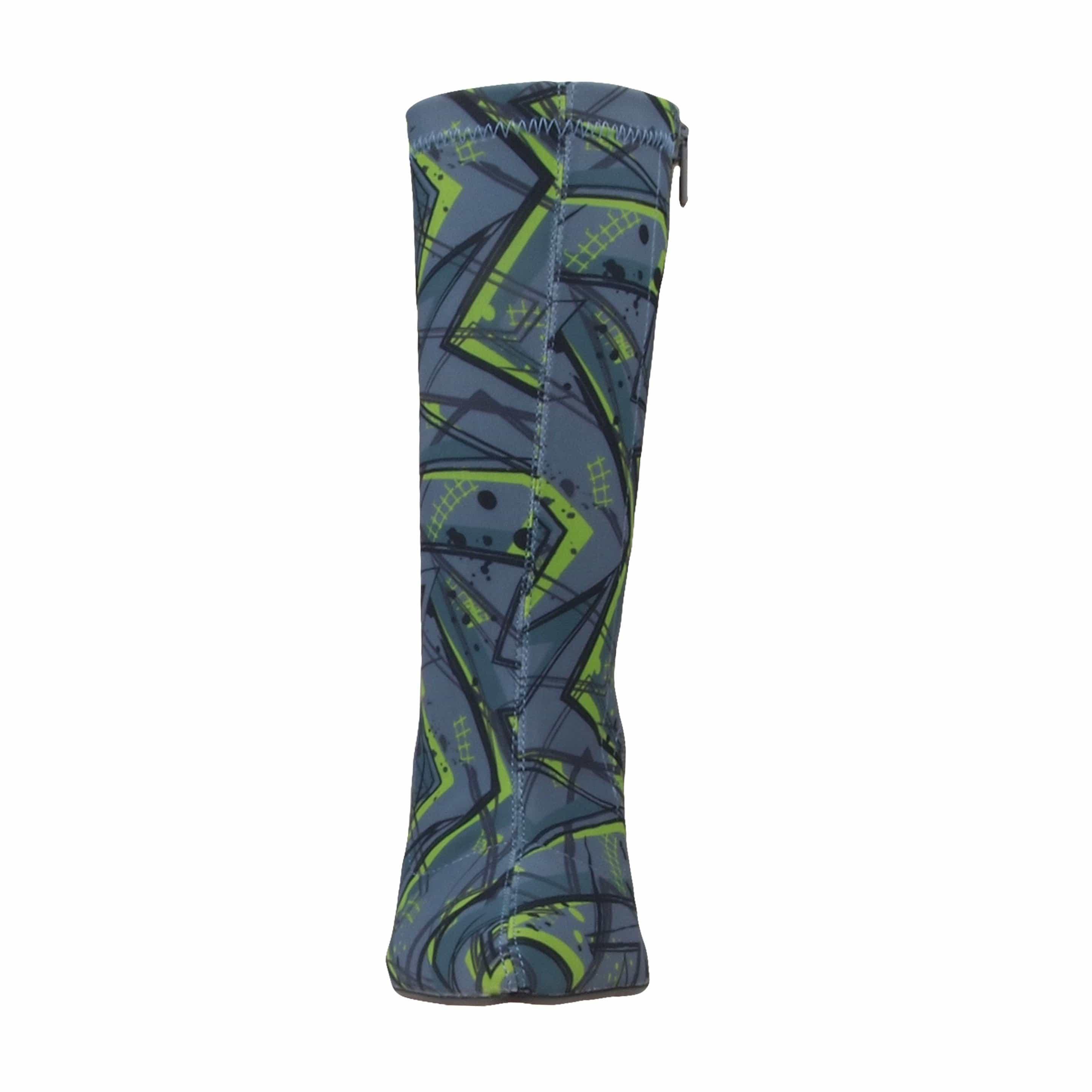 Grey green printed strechy upper women's boot heel -front view