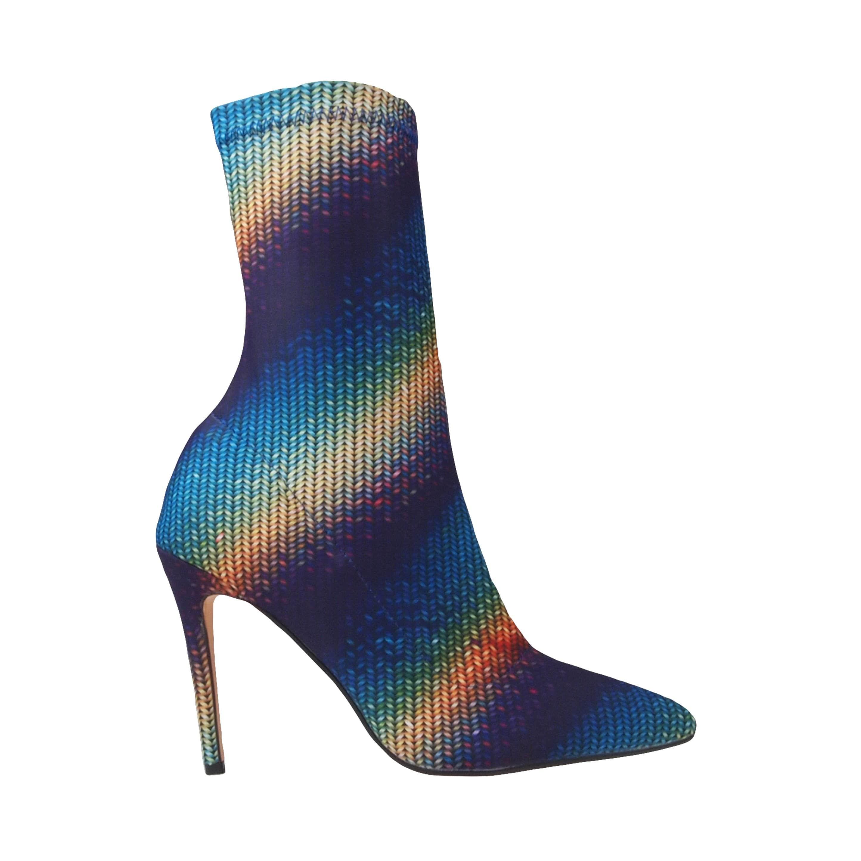 Blue yellow printed strechy upper women's boot heel-side view