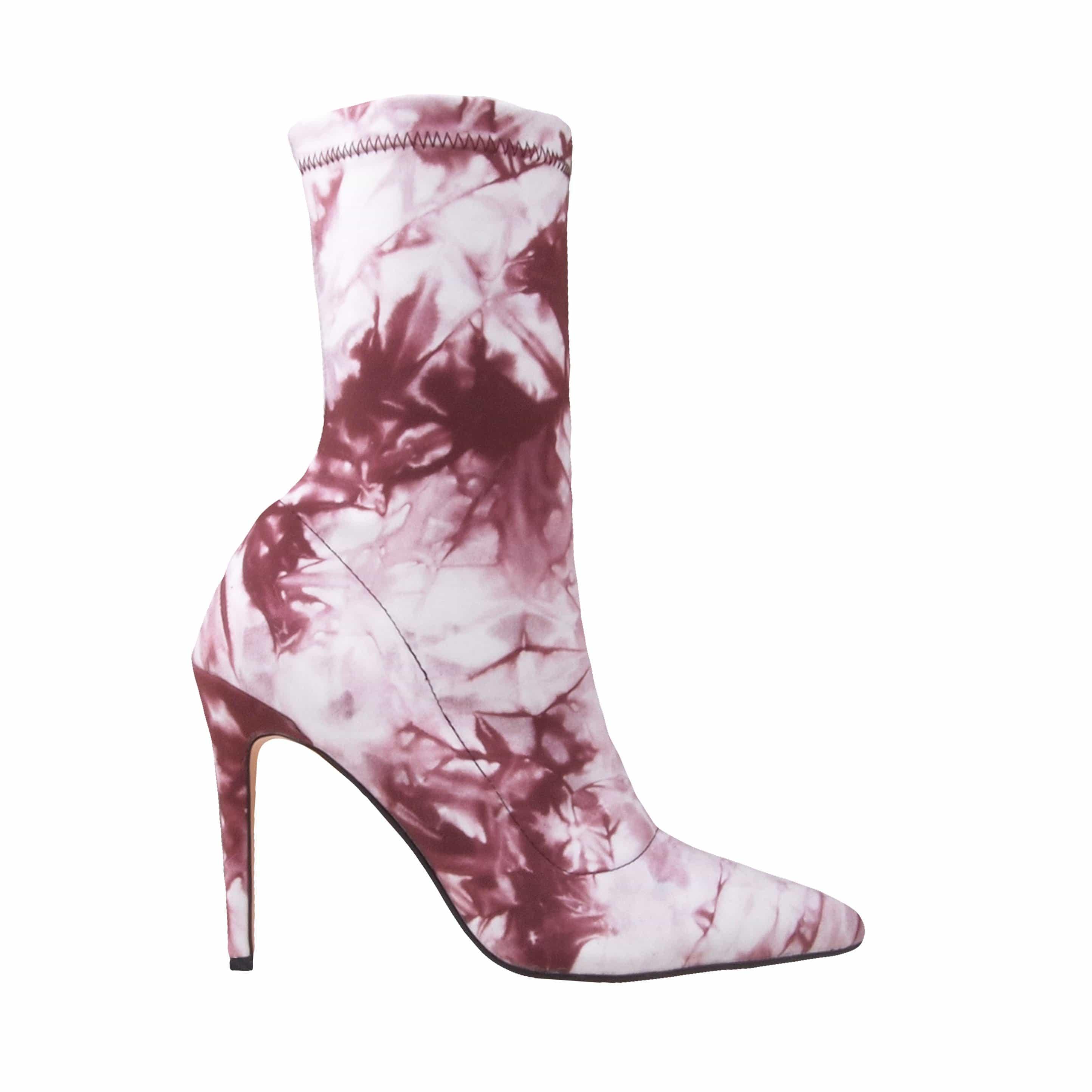 Burgundy printed strechy upper women's boot heel-side view