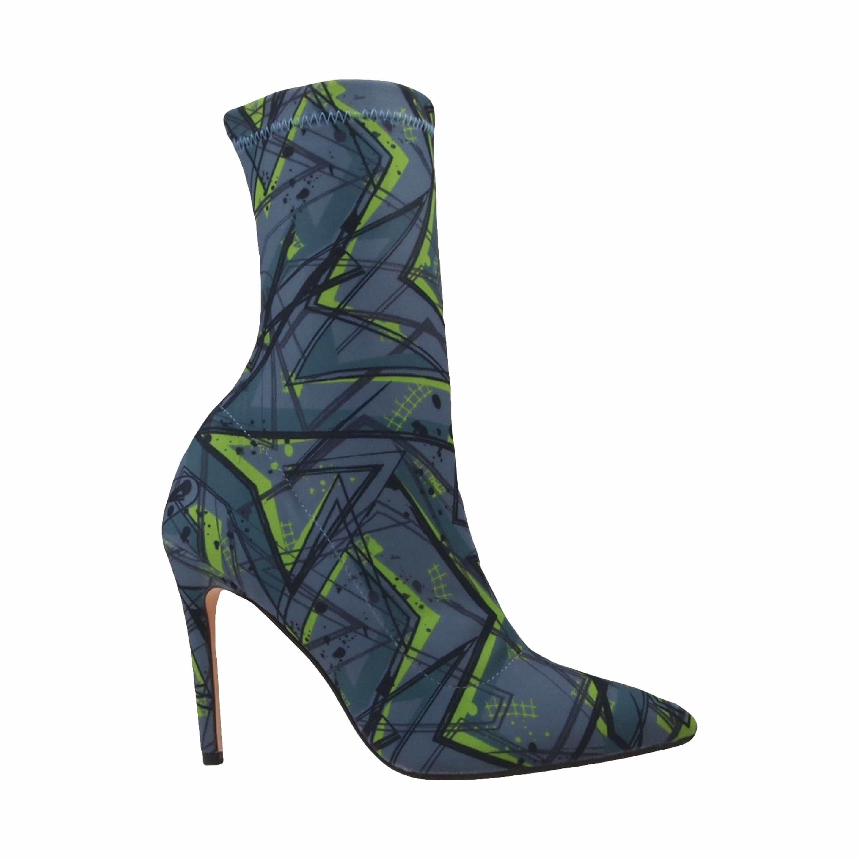 Grey green printed strechy upper women's boot heel -side view