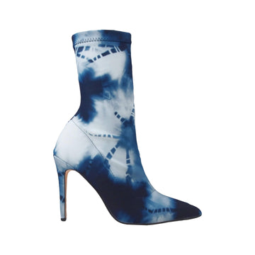 Printed strechy upper women's boot heel in navy blue-side view