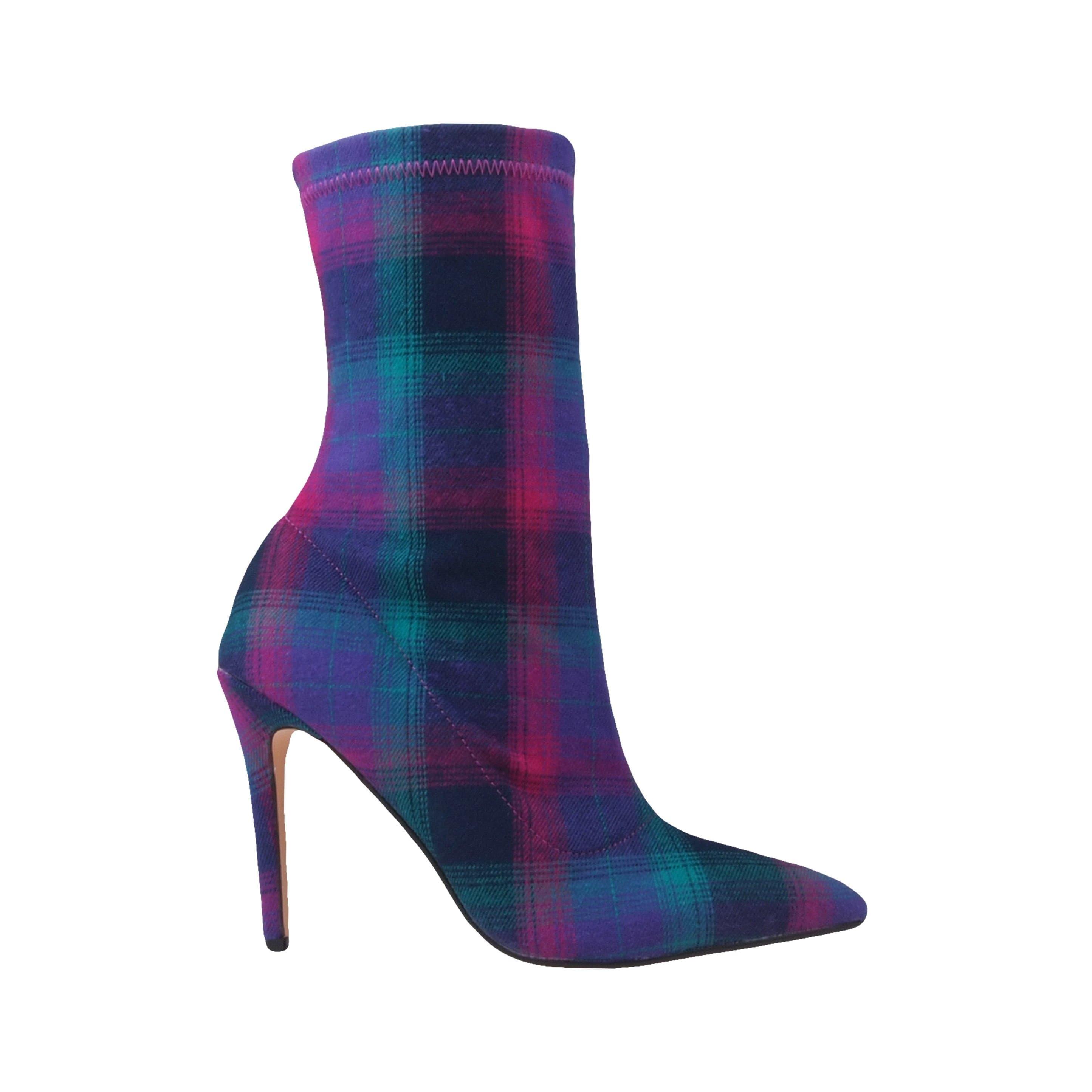 Purple green printed strechy upper women's boot heel-side view