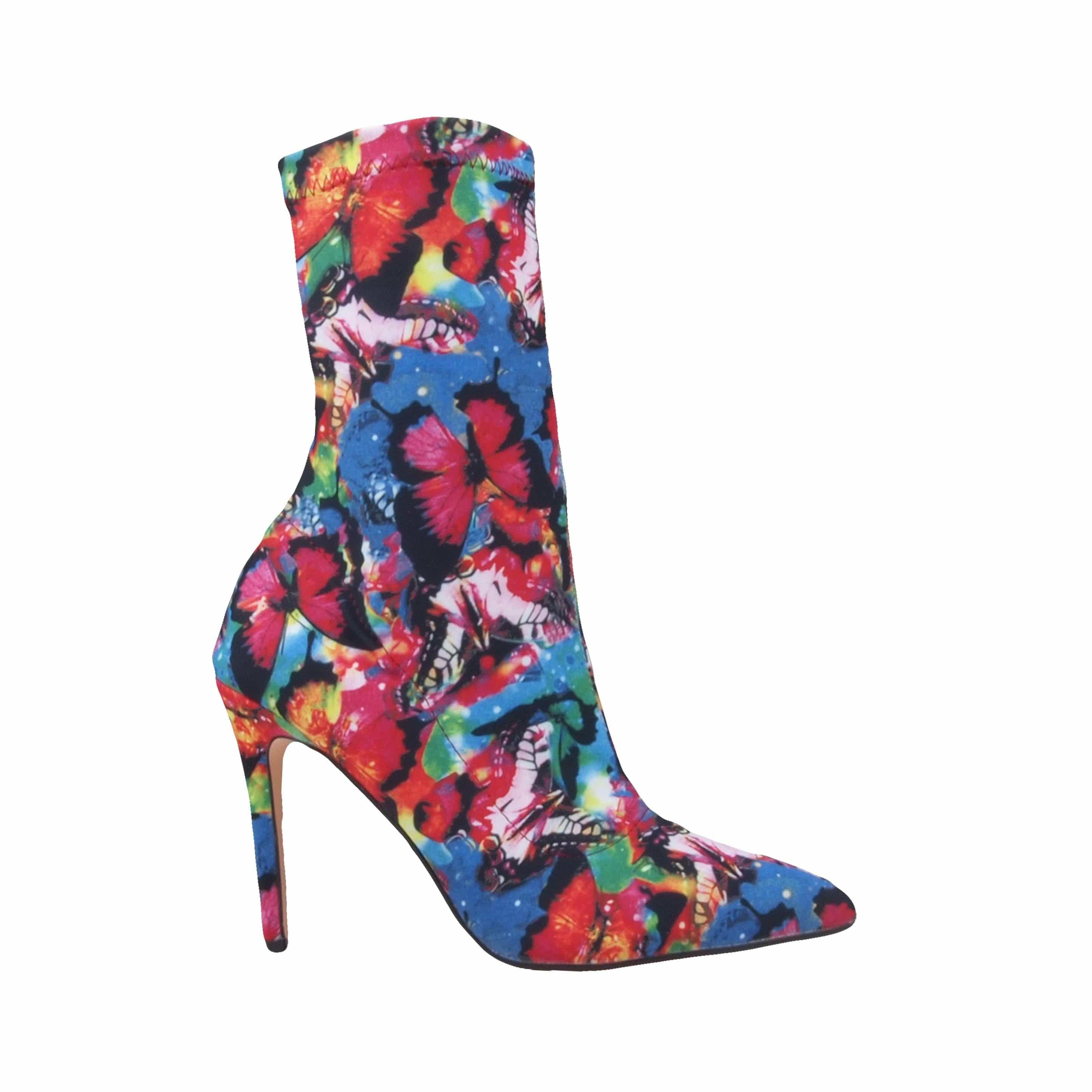 Red blue printed strechy upper women's boot heel -side view