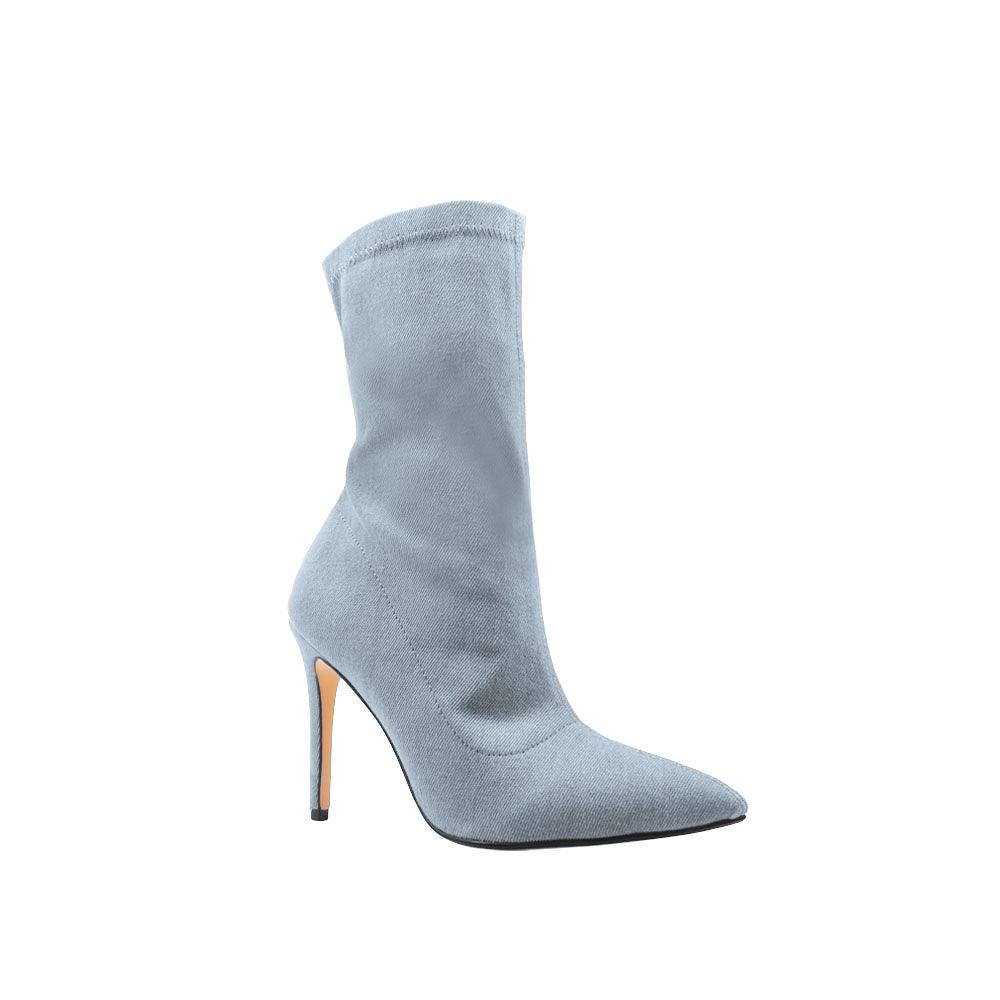 Denim vegan suede women's boot heel-corner view