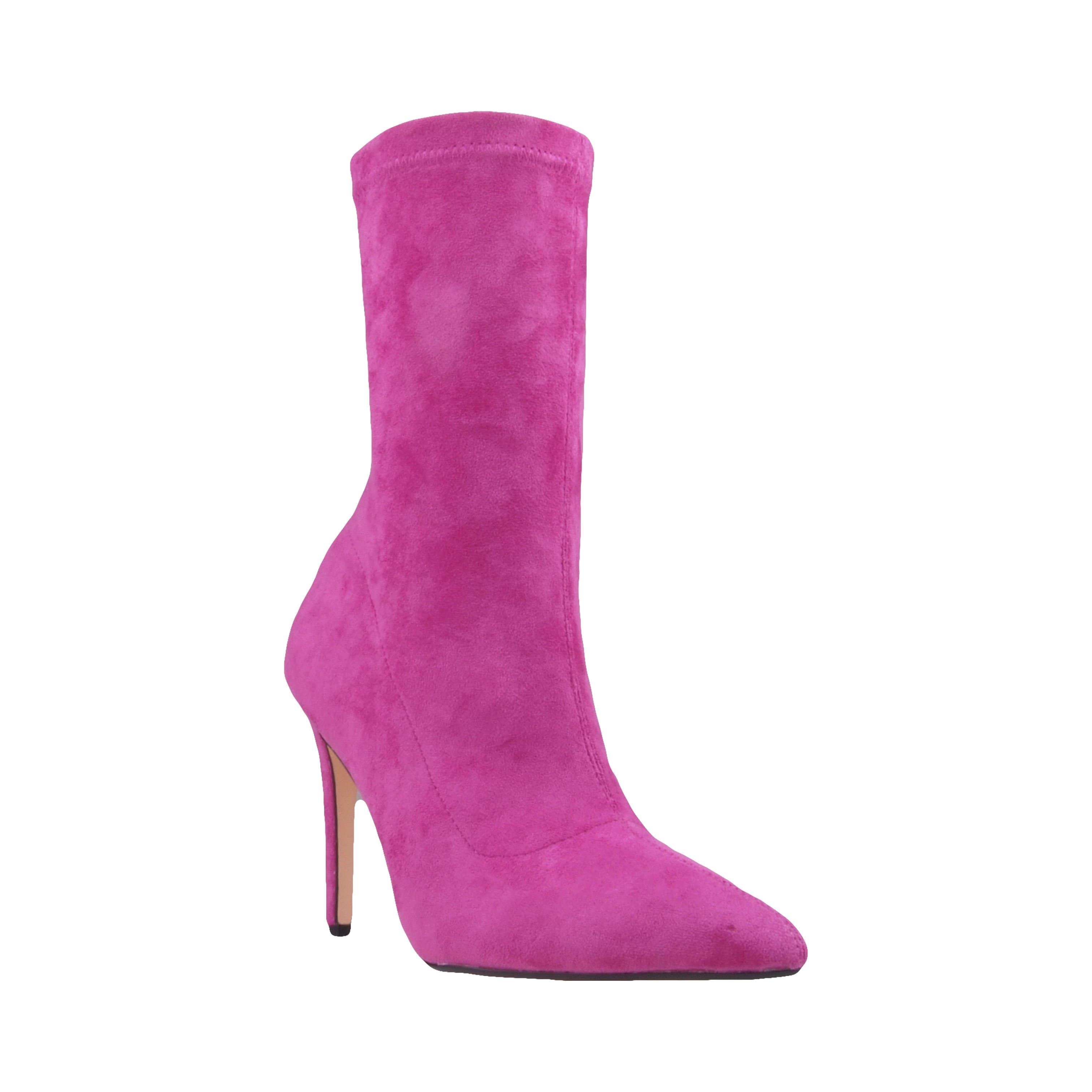 Vegan suede women's boot heel in fuchsia-corner view