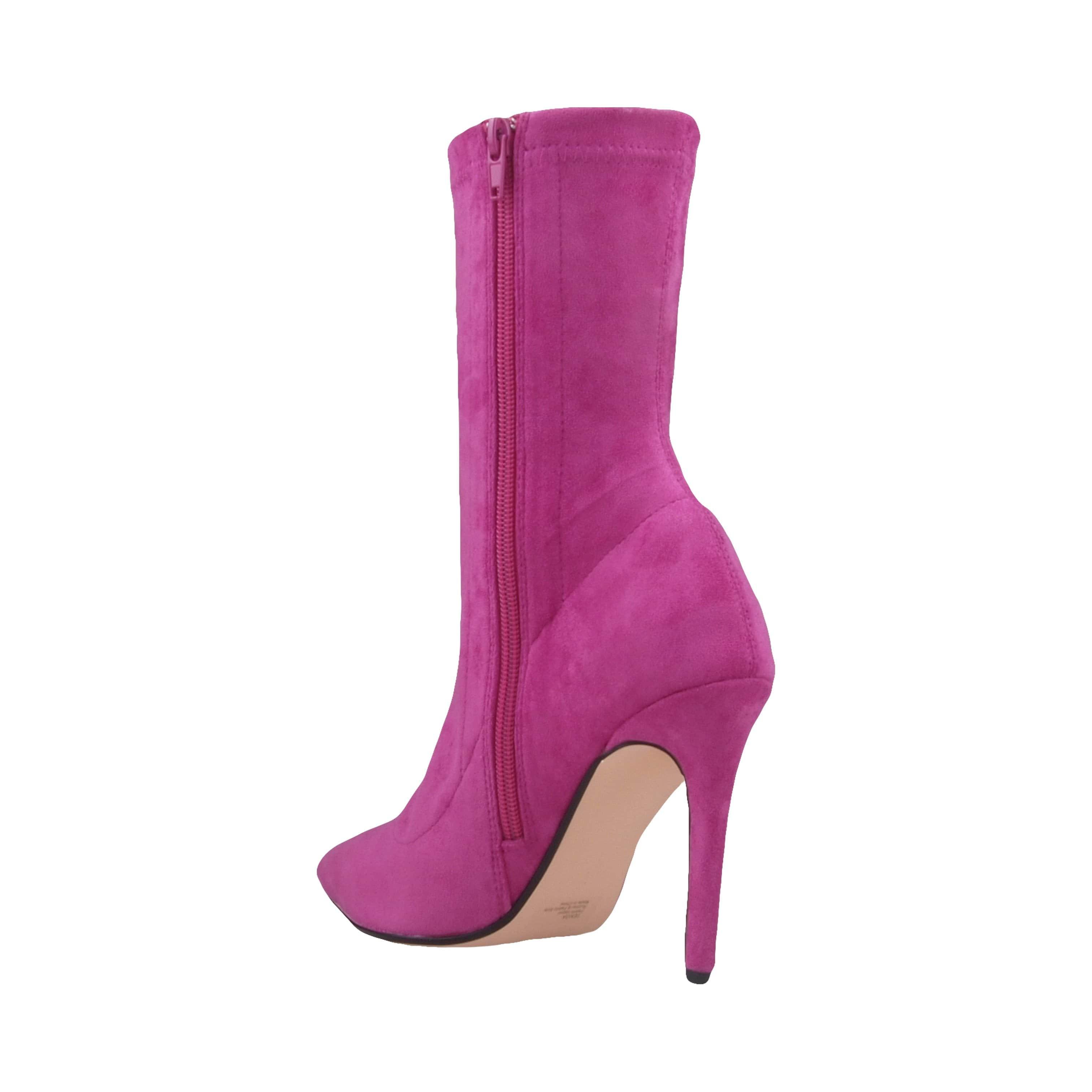 Vegan suede women's boot heel in fuchsia-posterior view