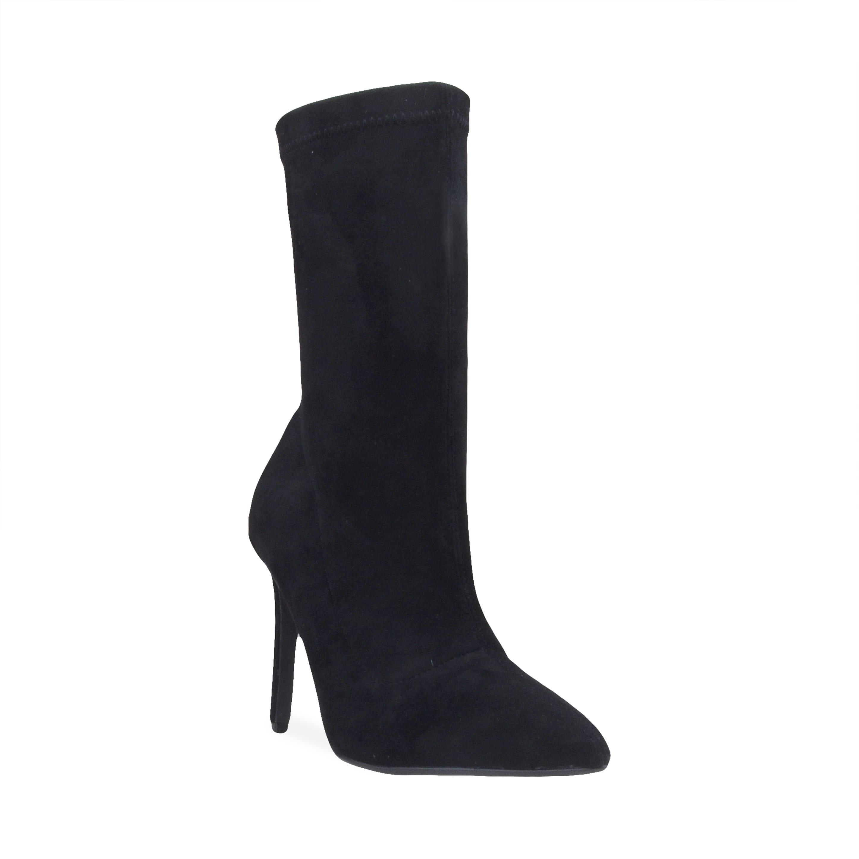 Vegan suede women's boot heel in black-corner view