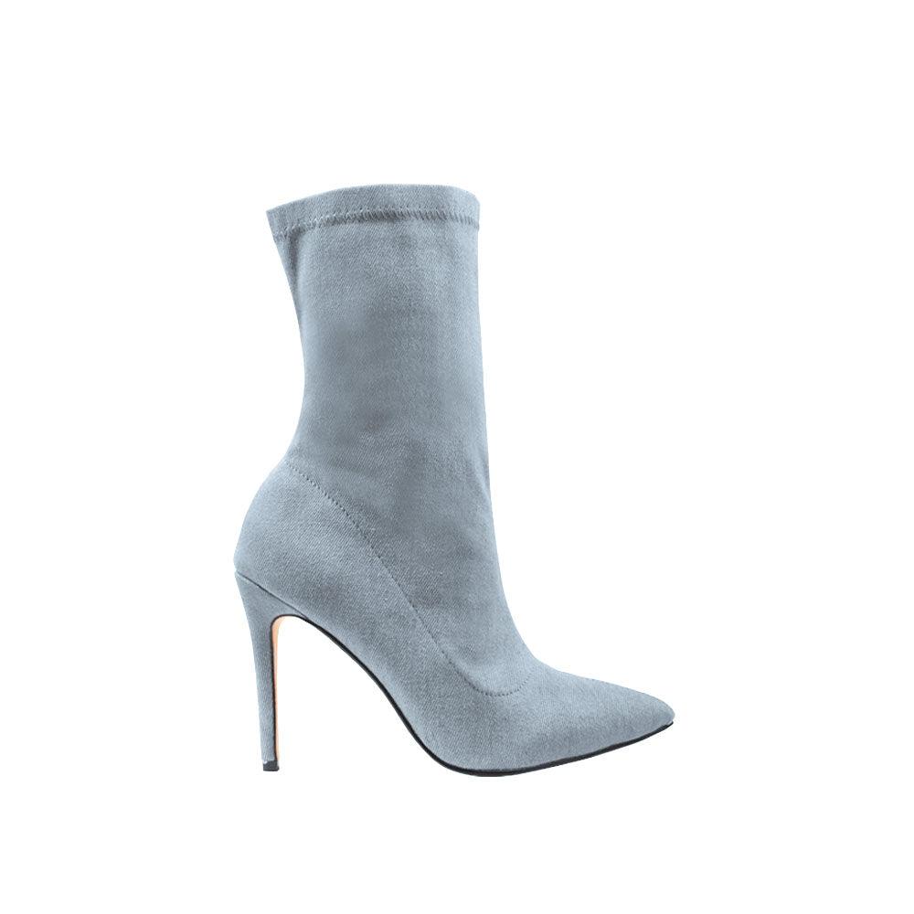 Denim vegan suede women's boot heel-side view