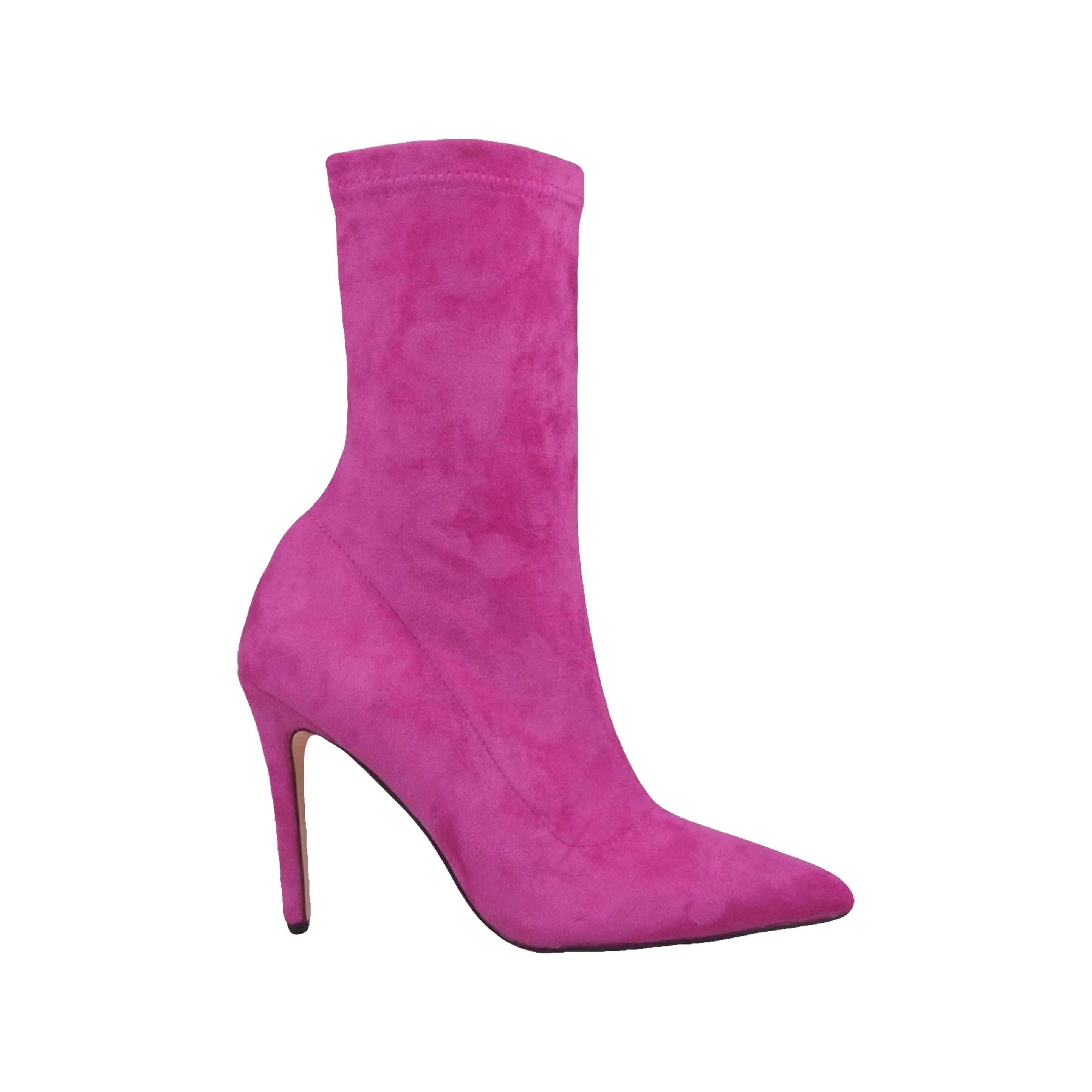 Vegan suede women's boot heel in fuchsia-side view