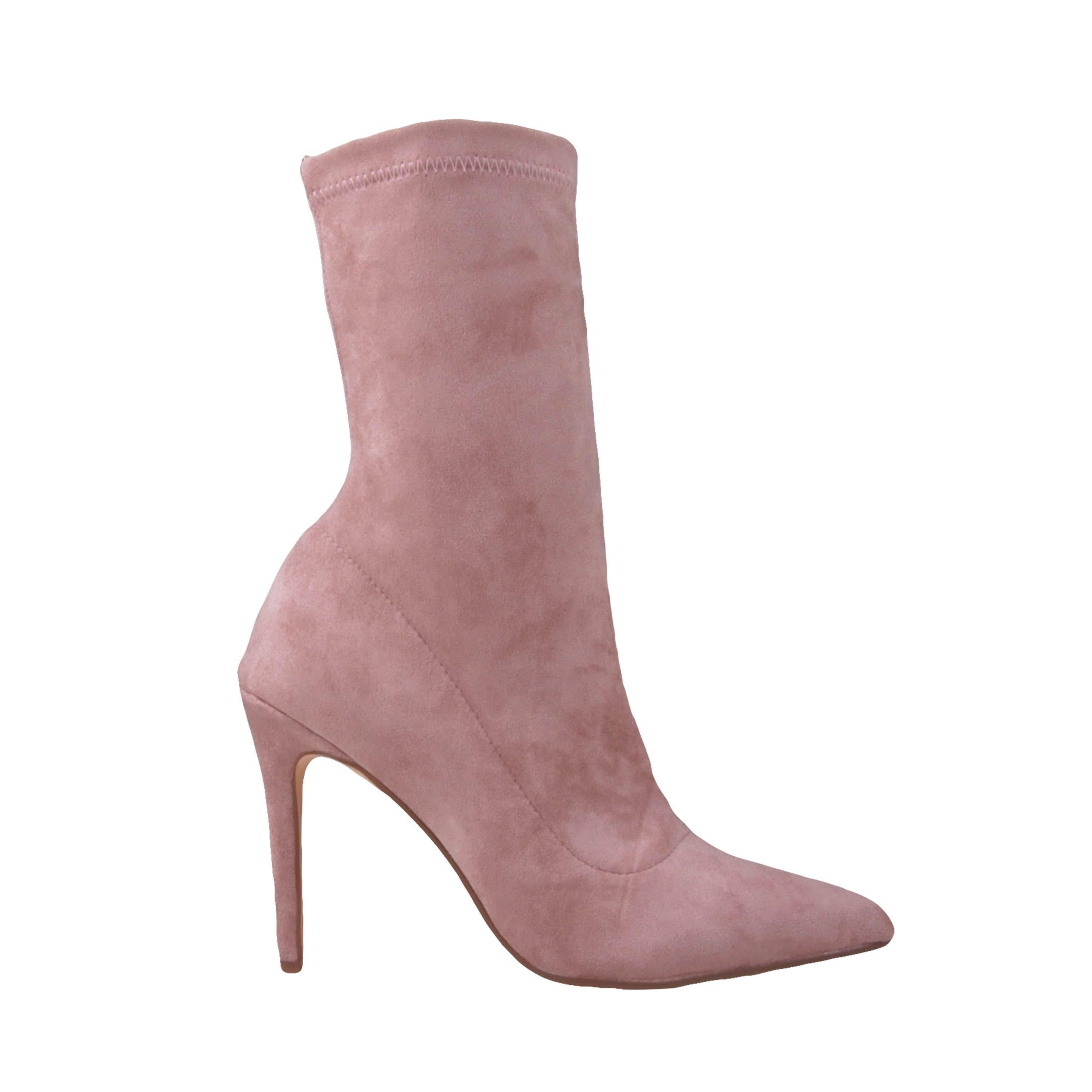 Vegan suede women's boot heel in nude-side view