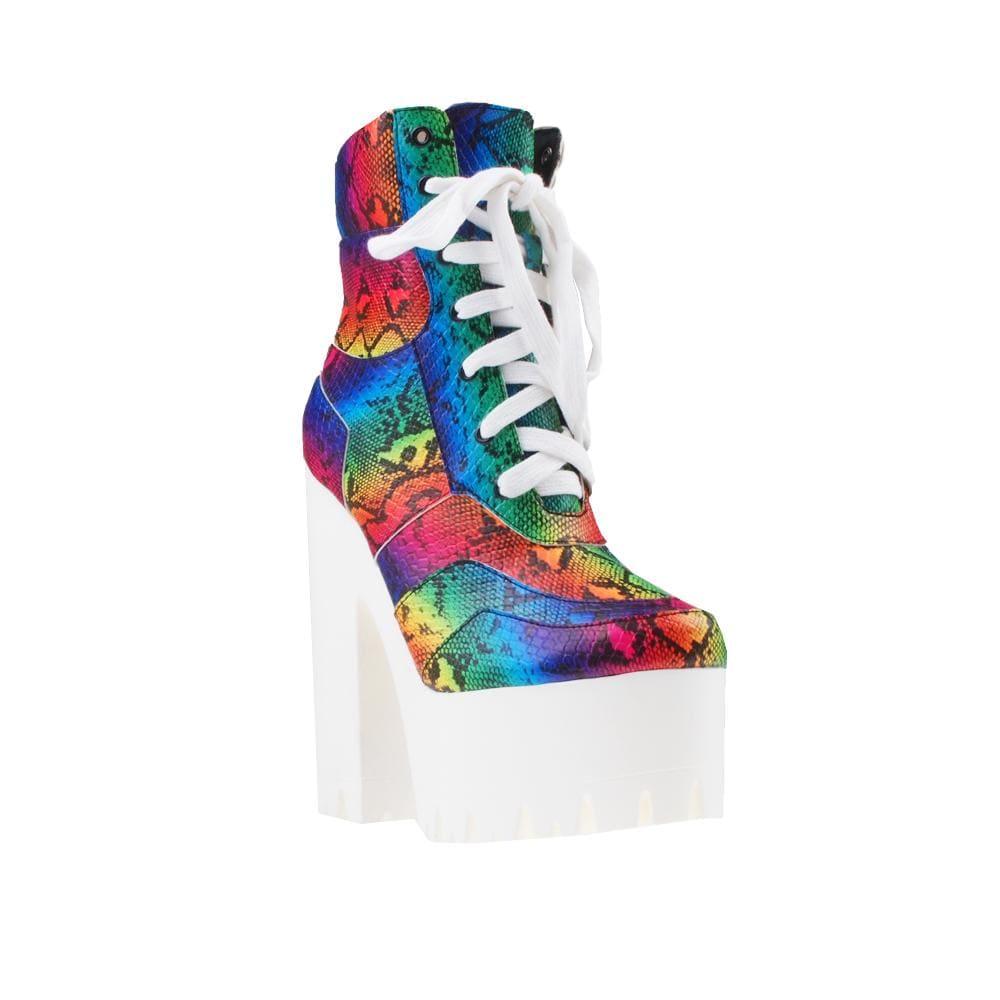 Rainbow platform women's block heel boots with white lace up-corner view