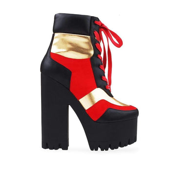 Black platform women's block heel boots with red lace up-side view