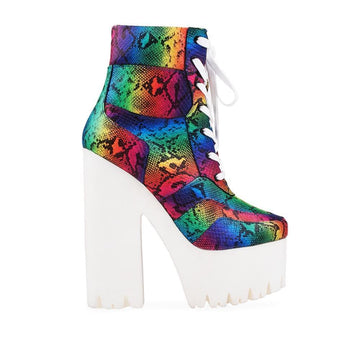 Rainbow platform women's block heel boots with white lace up-side view