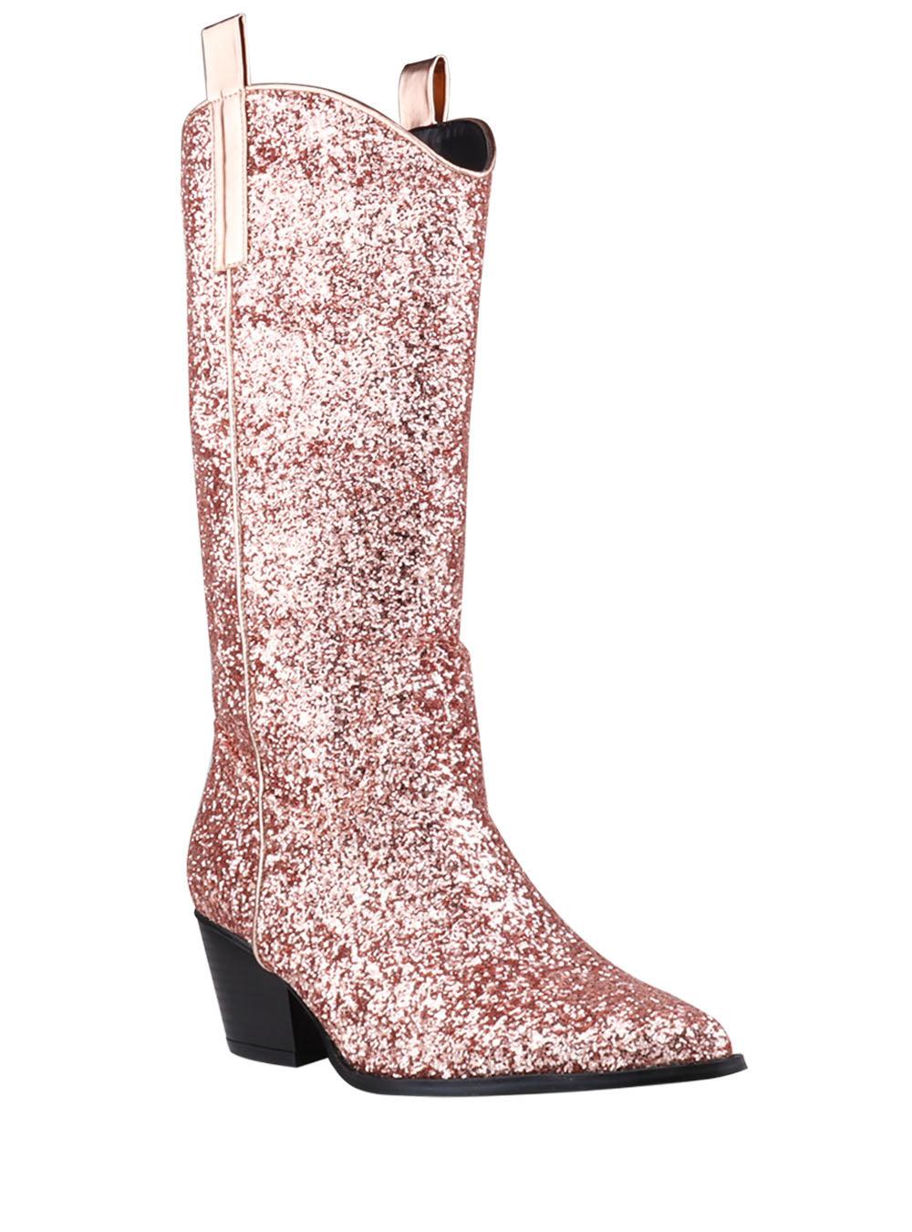 Shimmery rose gold vegan leather and flecked finish women's boots with block heel-corner view