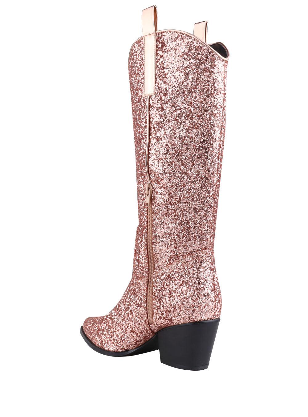 Shimmery rose gold vegan leather and flecked finish women's boots with block heel-posterior view