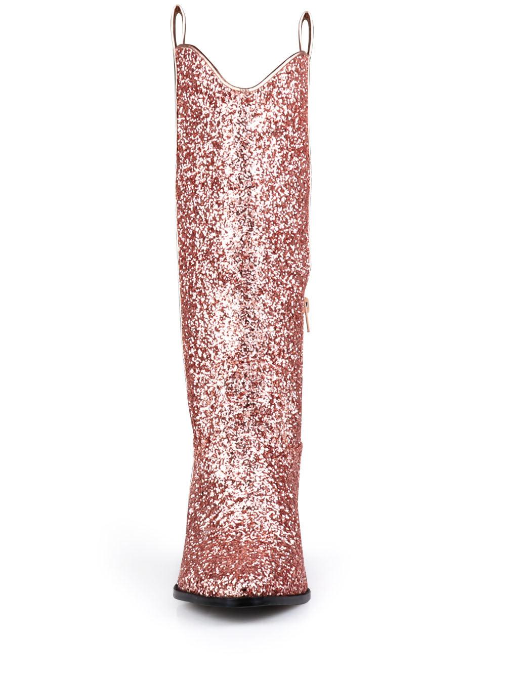 Shimmery rose gold vegan leather and flecked finish women's boots with block heel-front view