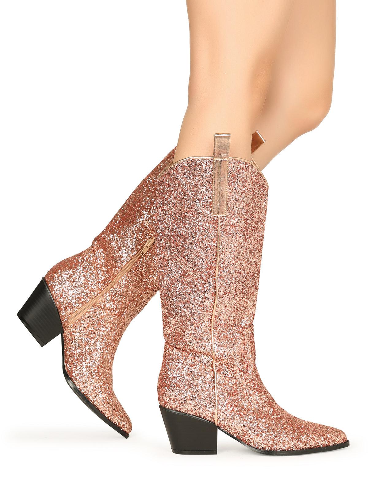 Shimmery rose gold vegan leather and flecked finish women's boots with block heel