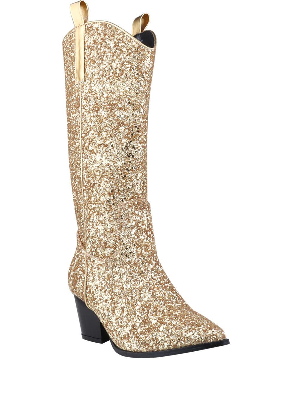 Shimmery gold vegan leather and flecked finish women's boots with block heel-corner view